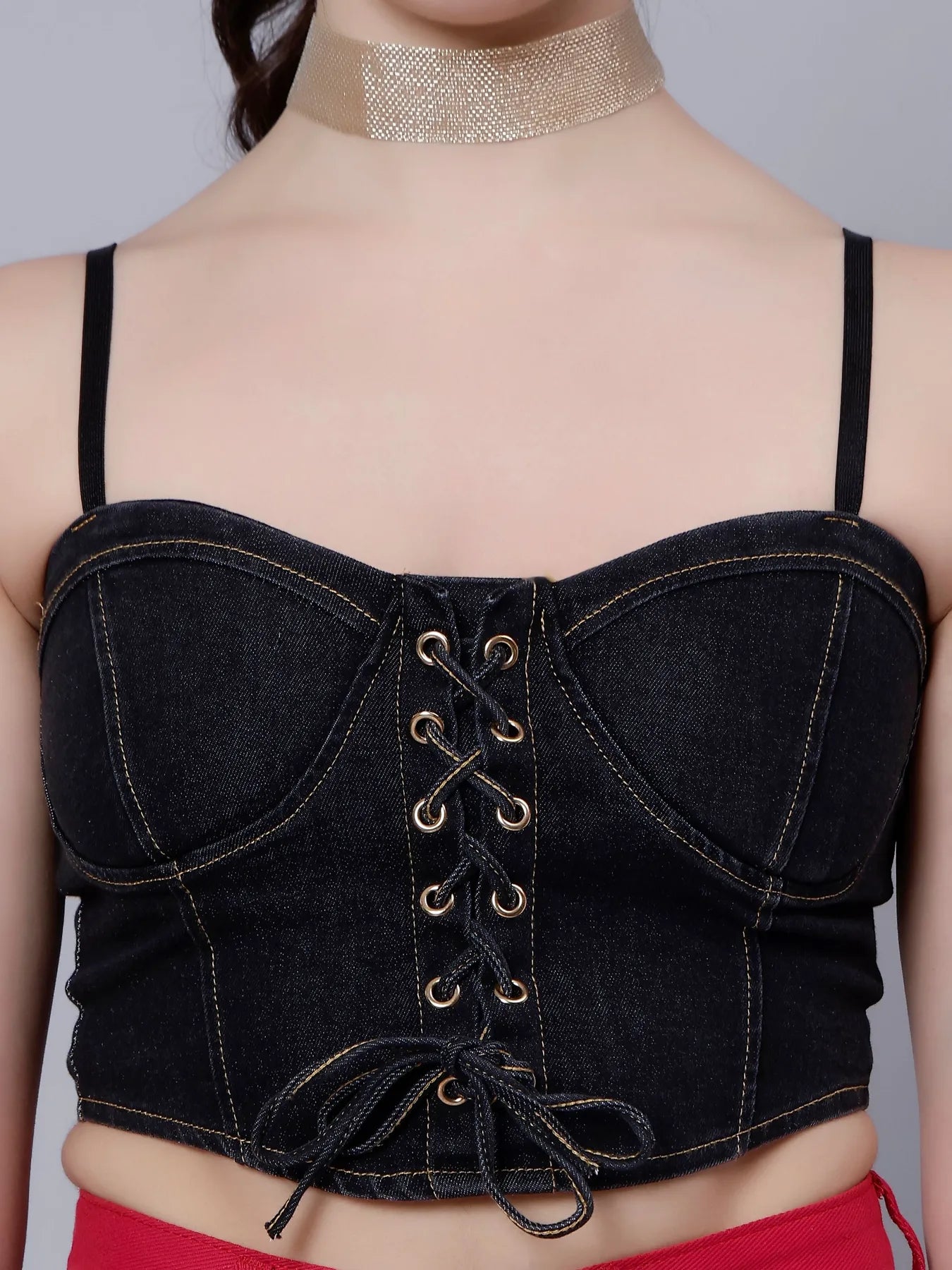 Lace-Up Denim Crop Top