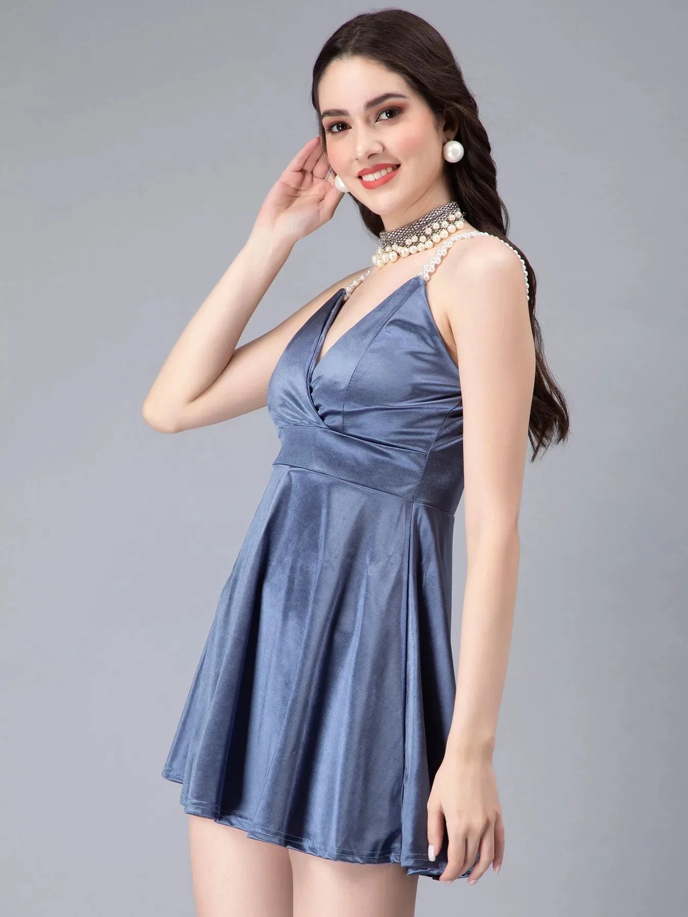 Pearl Straps Front Overlap Dress