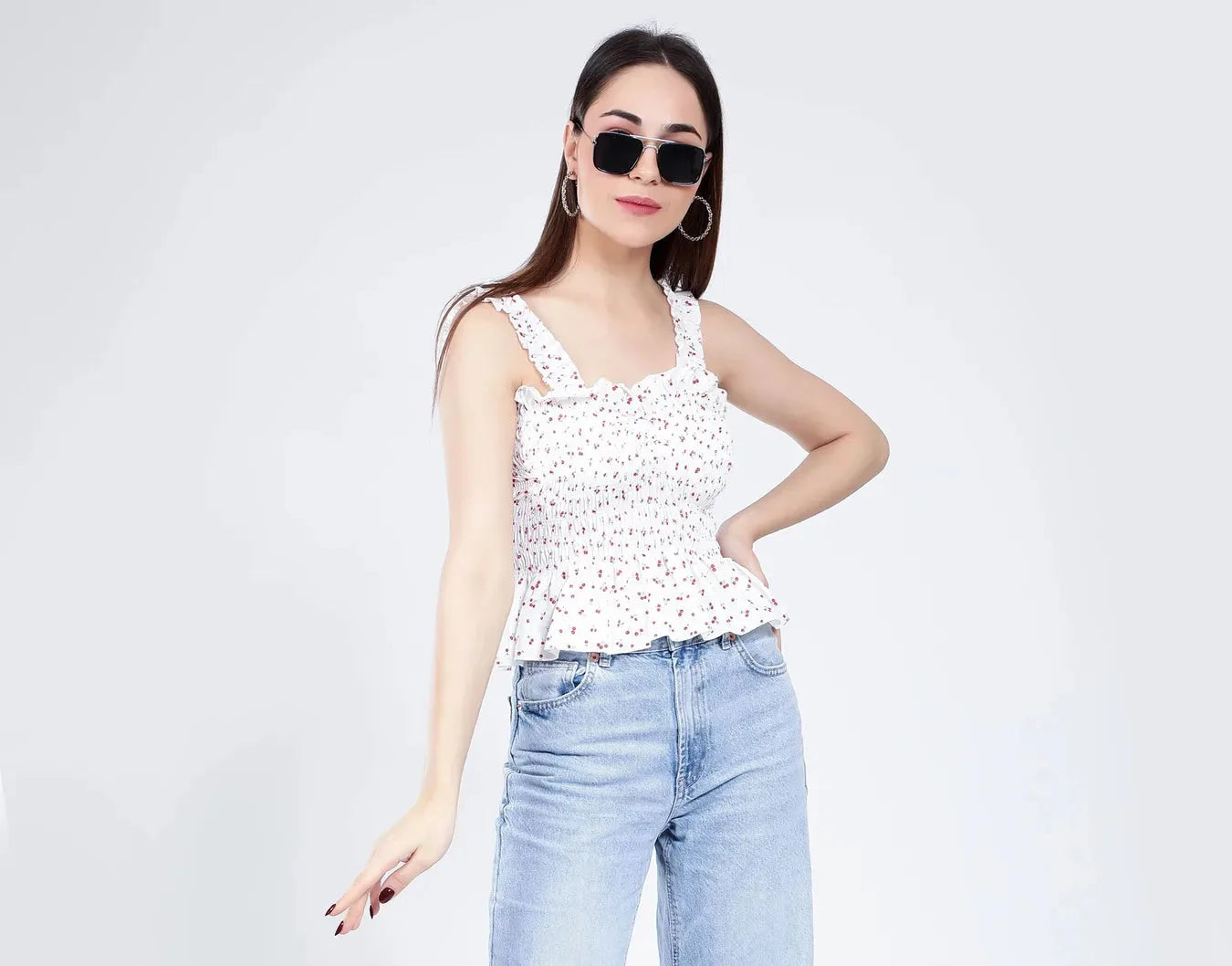 Smocking Cherry Print Top
