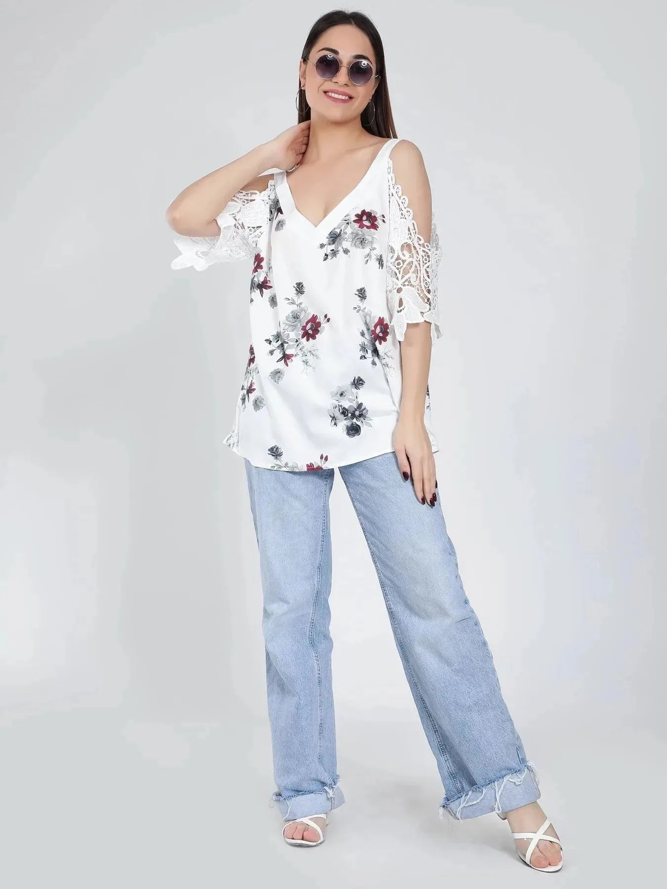 Cold Shoulder Lace Sleeves Blouse