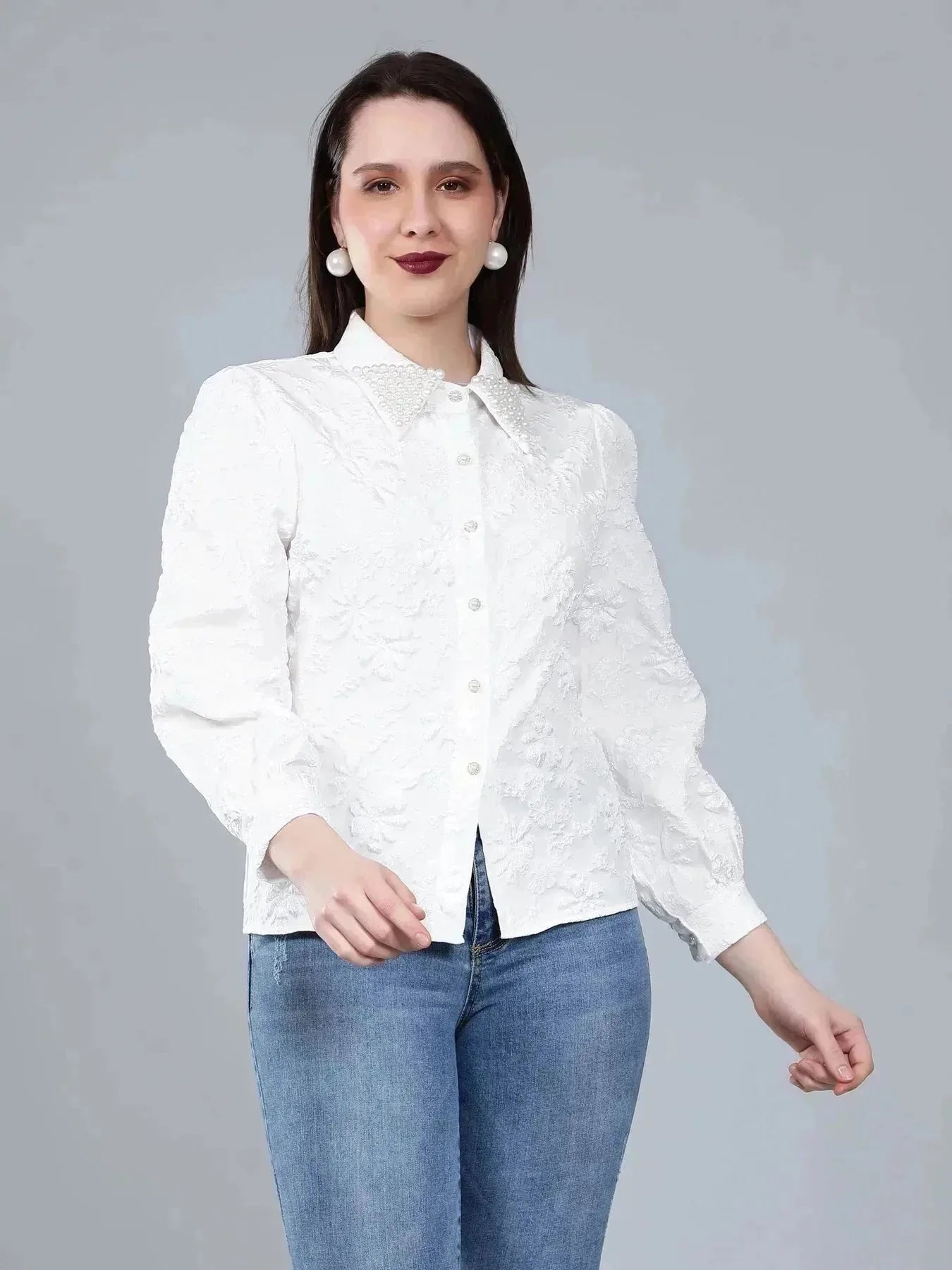 Pearl Beading Jacquard Shirt