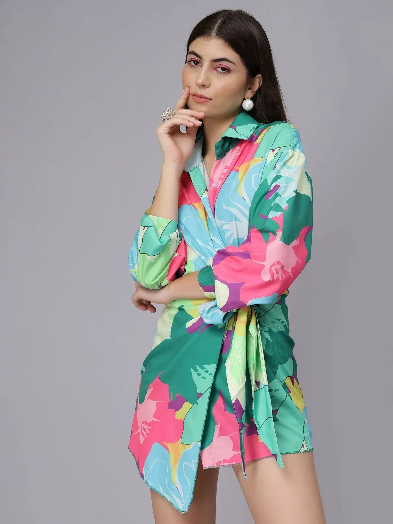 Floral Wrap Shirt Mini Dress