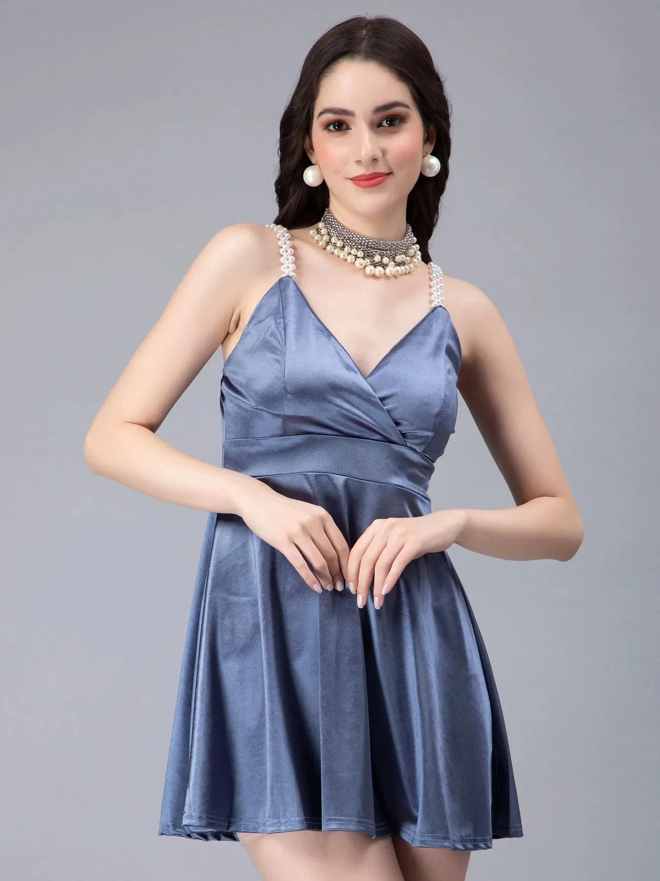 Pearl Straps Front Overlap Dress