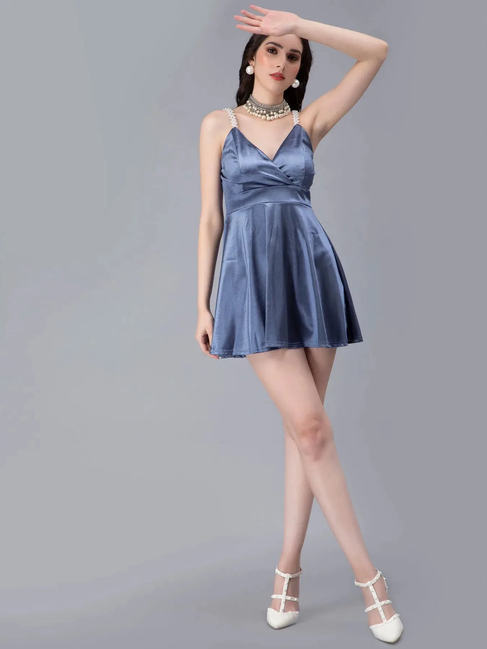 Pearl Straps Front Overlap Dress