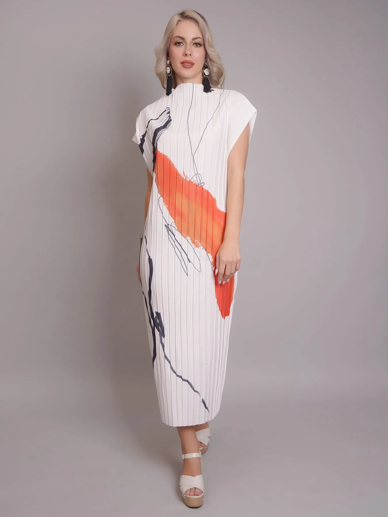 Printed Pleated Midi Dress