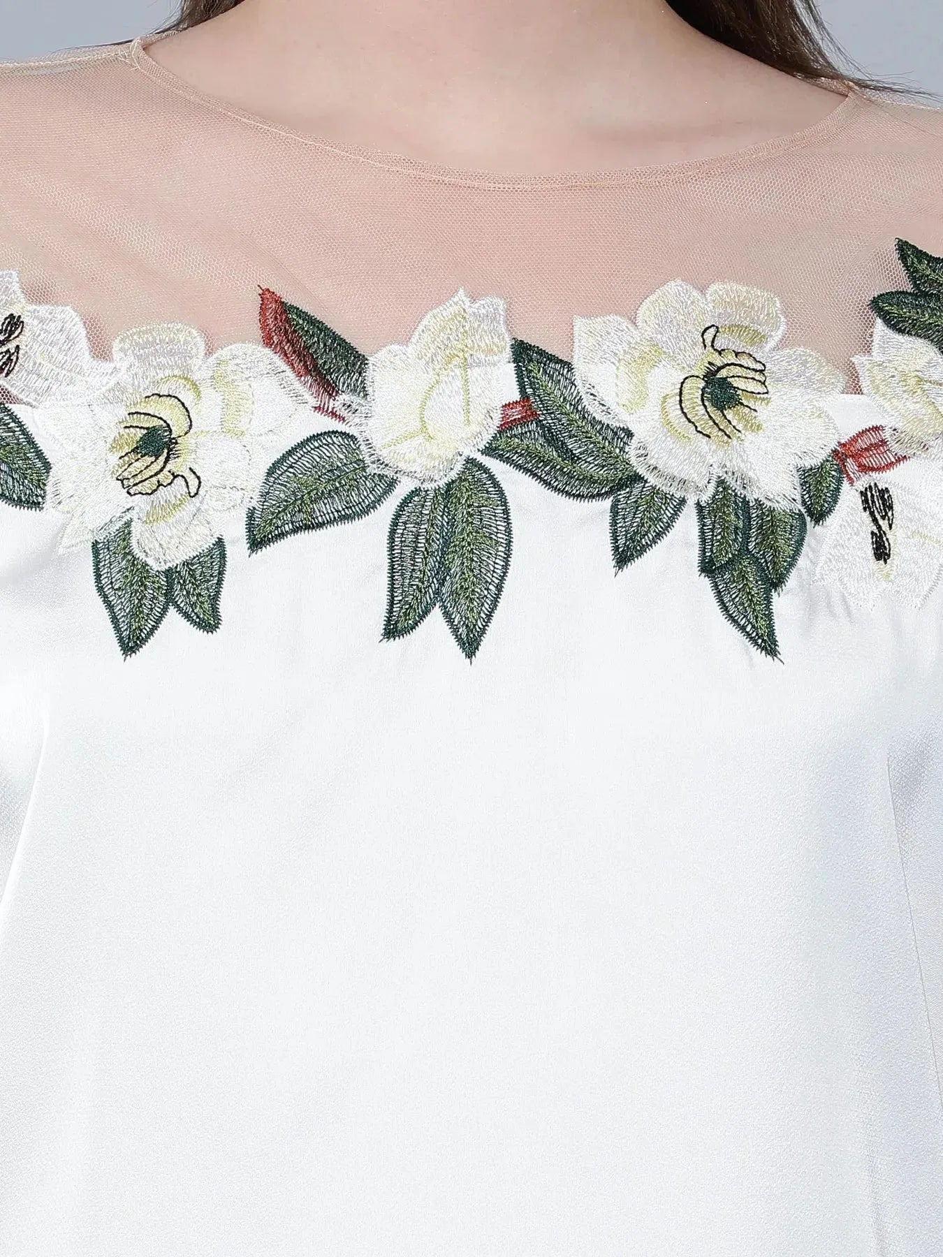 Flower Embroidery Satin Blouse