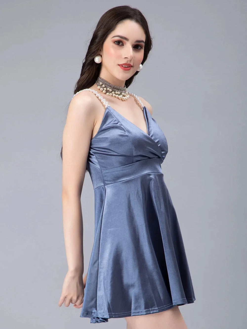 Pearl Straps Front Overlap Dress