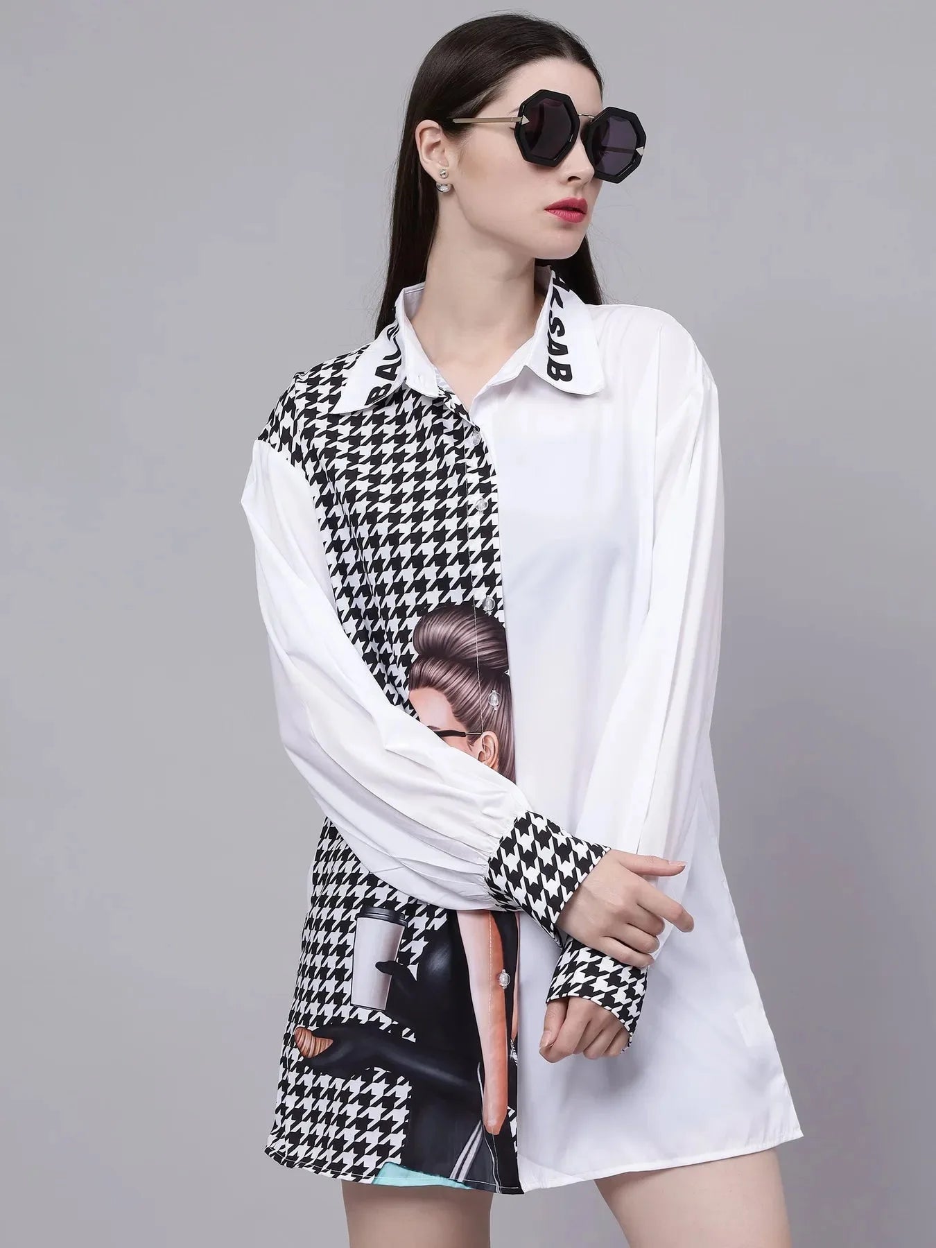 Houndstooth Pattern Oversized Shirt