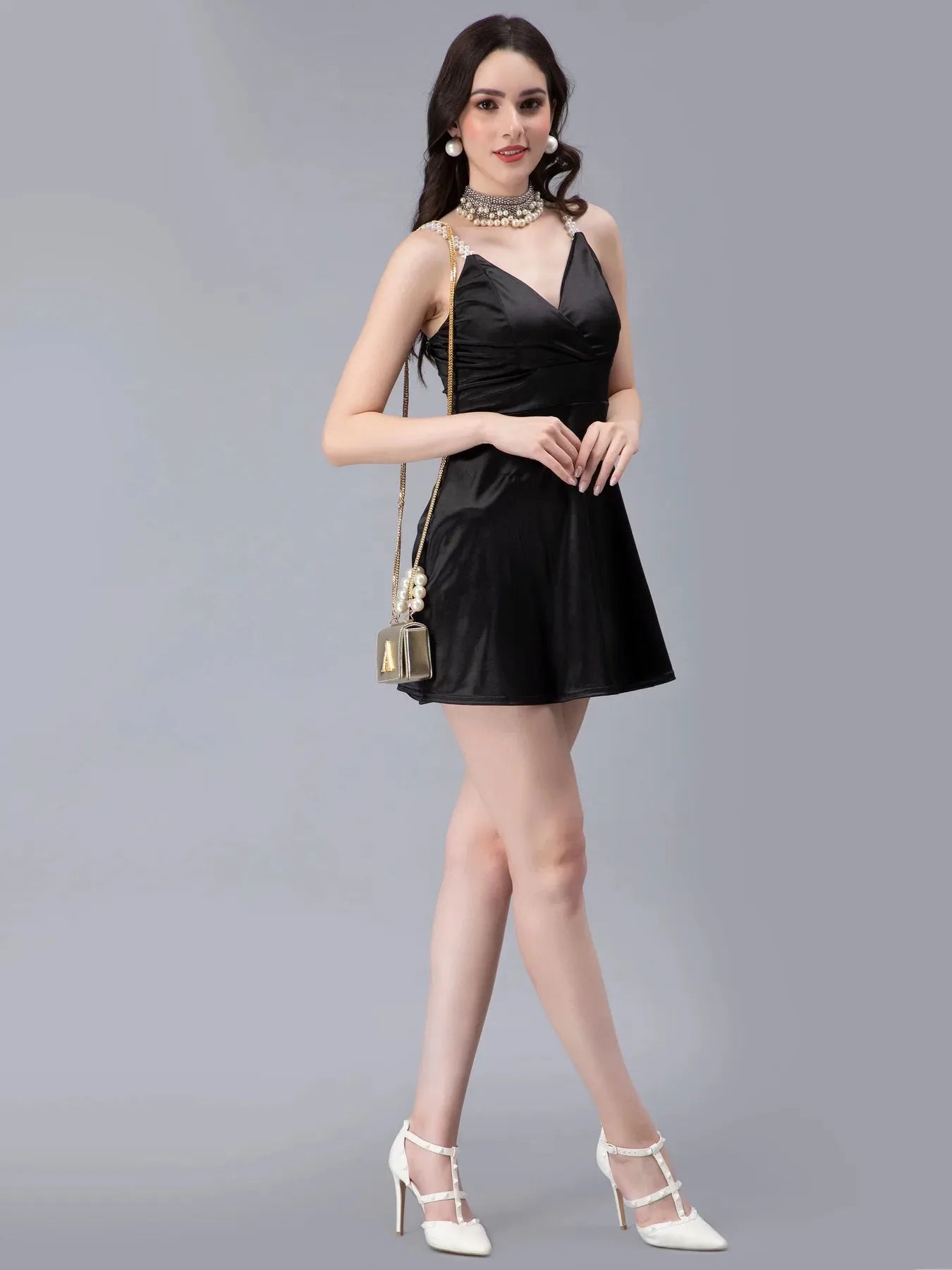 Pearl Straps Front Overlap Dress