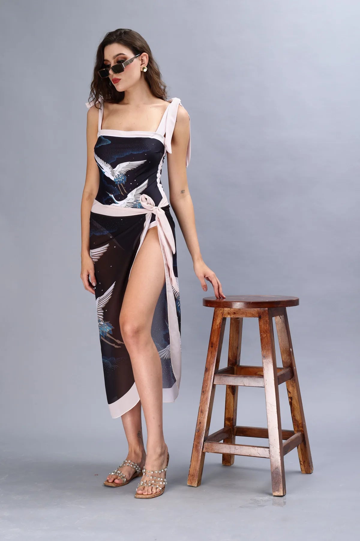 Bird Print Monokini With Sarong