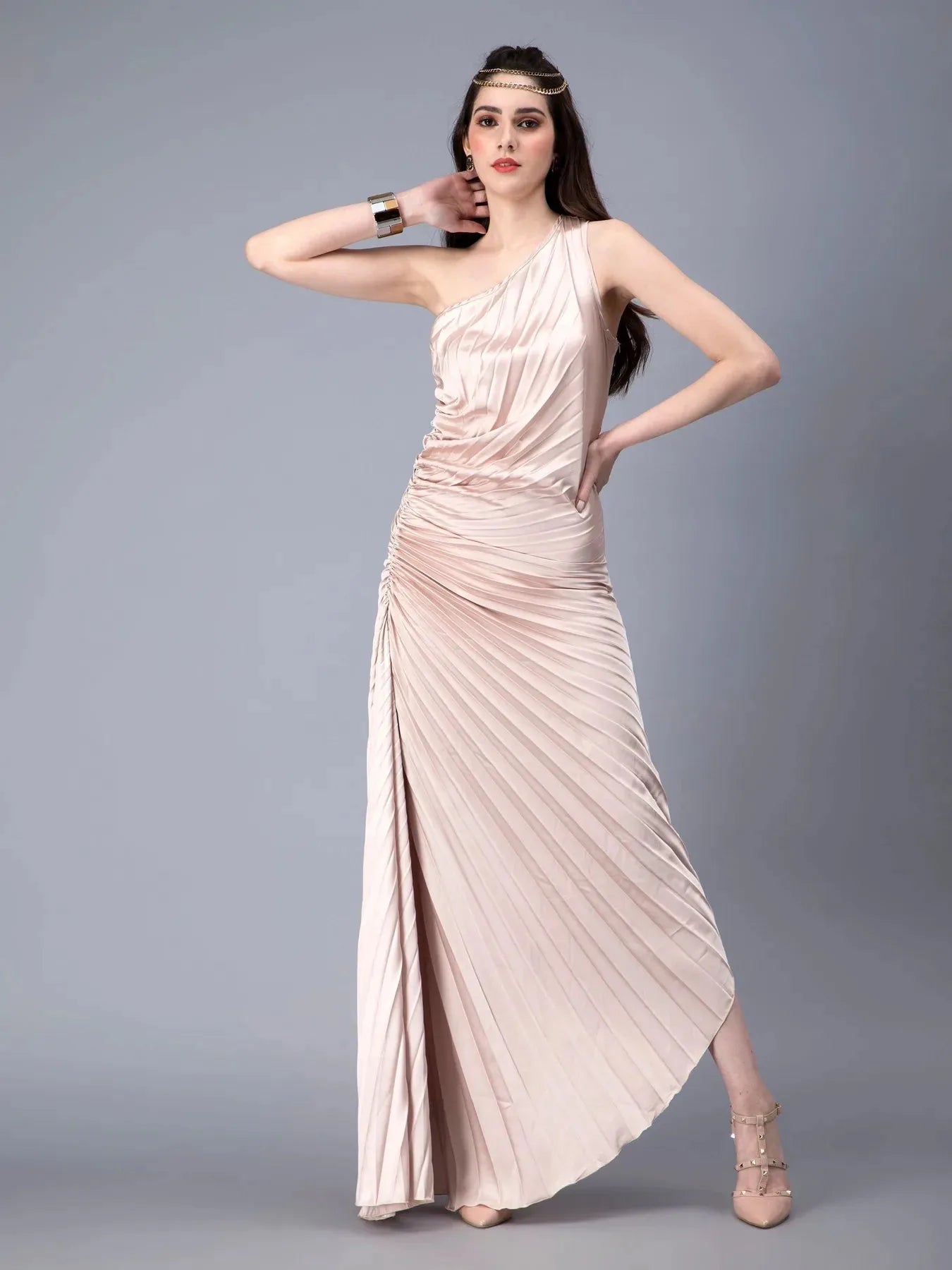 Fan Pleats One-Shoulder Dress