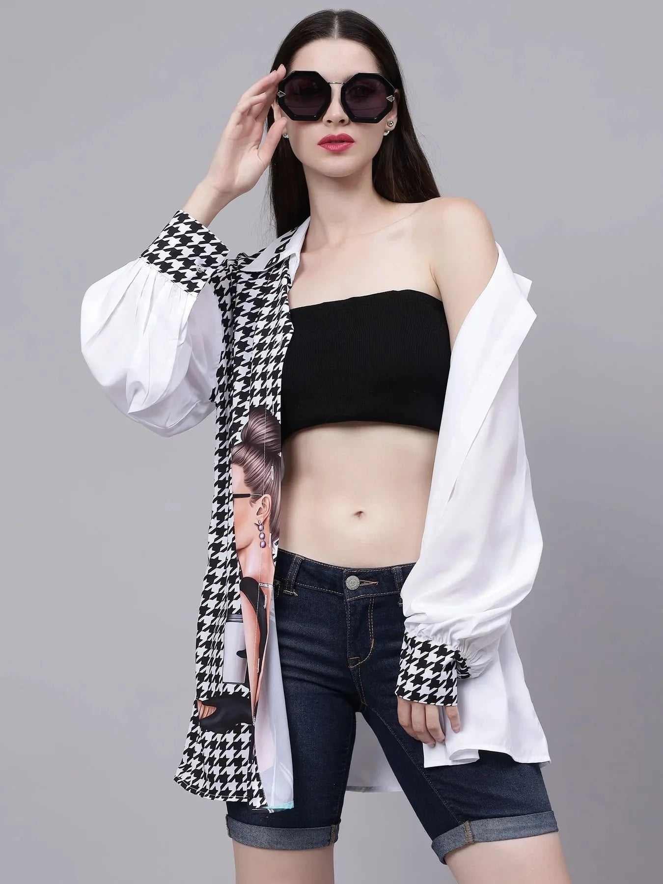 Houndstooth Pattern Oversized Shirt