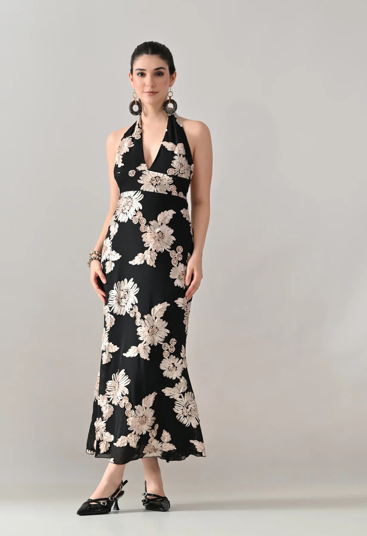 Midnight Bloom Halter Maxi Dress