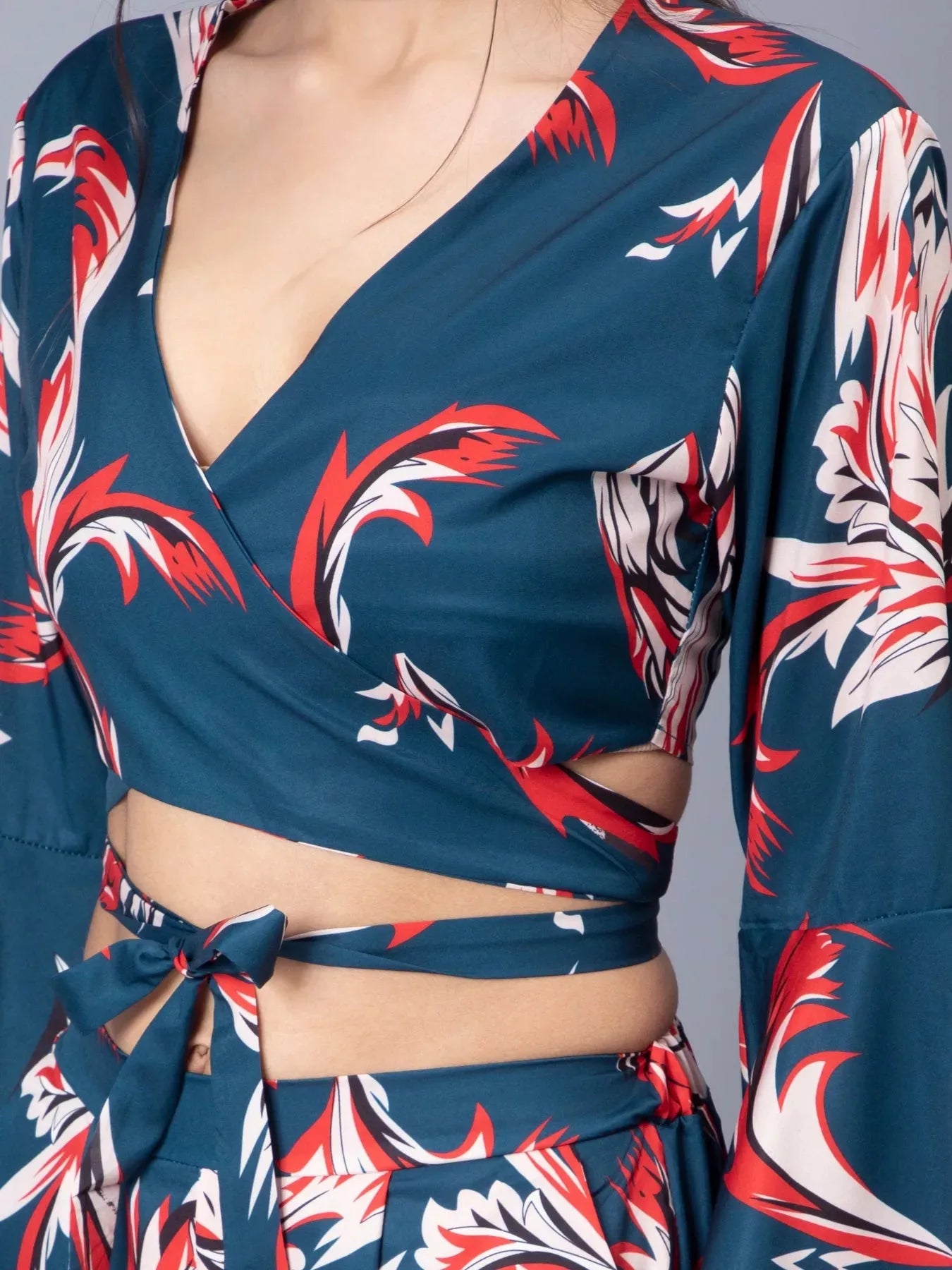 Tie Belt Wrap Top With Pants Set