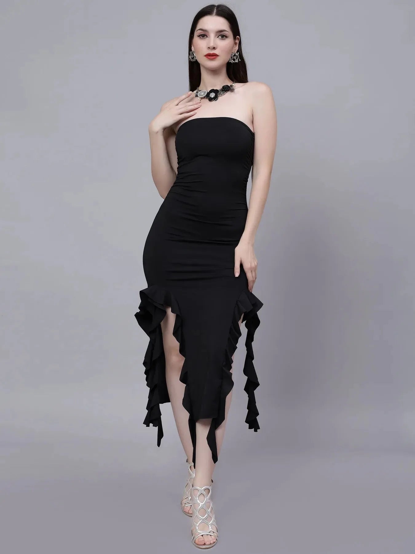 Ruffle Trim Split Thigh Tube Dress