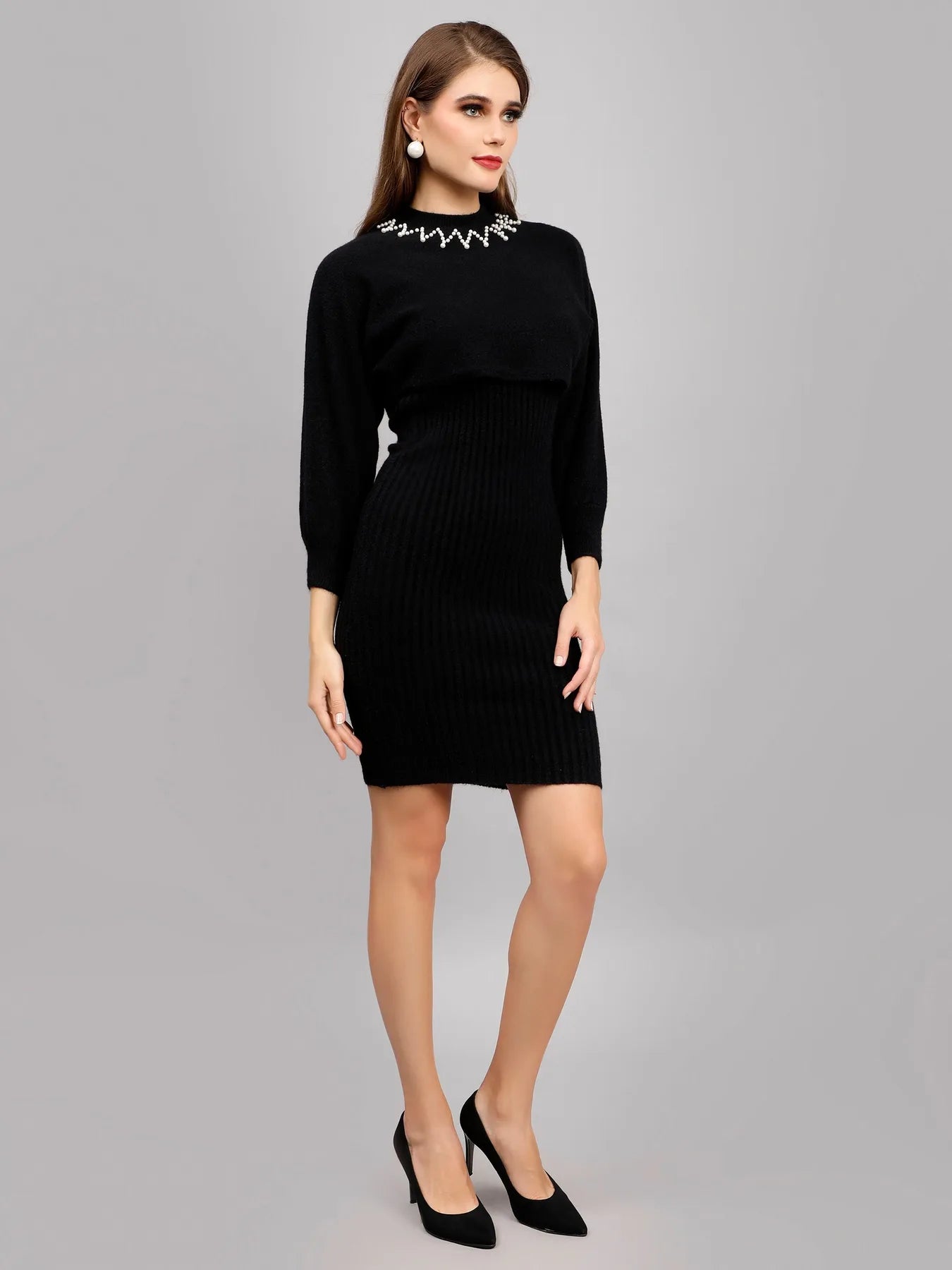 Pearl Embellished Winter Knitted Two-Piece Set