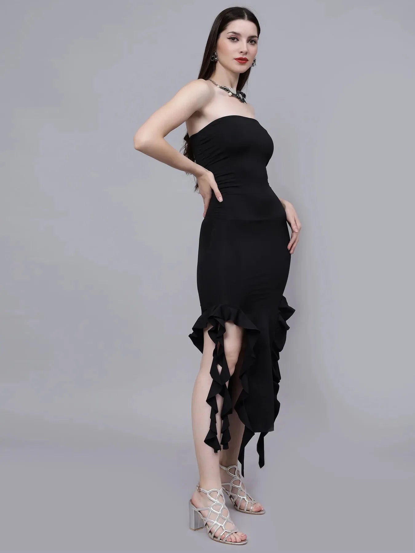 Ruffle Trim Split Thigh Tube Dress