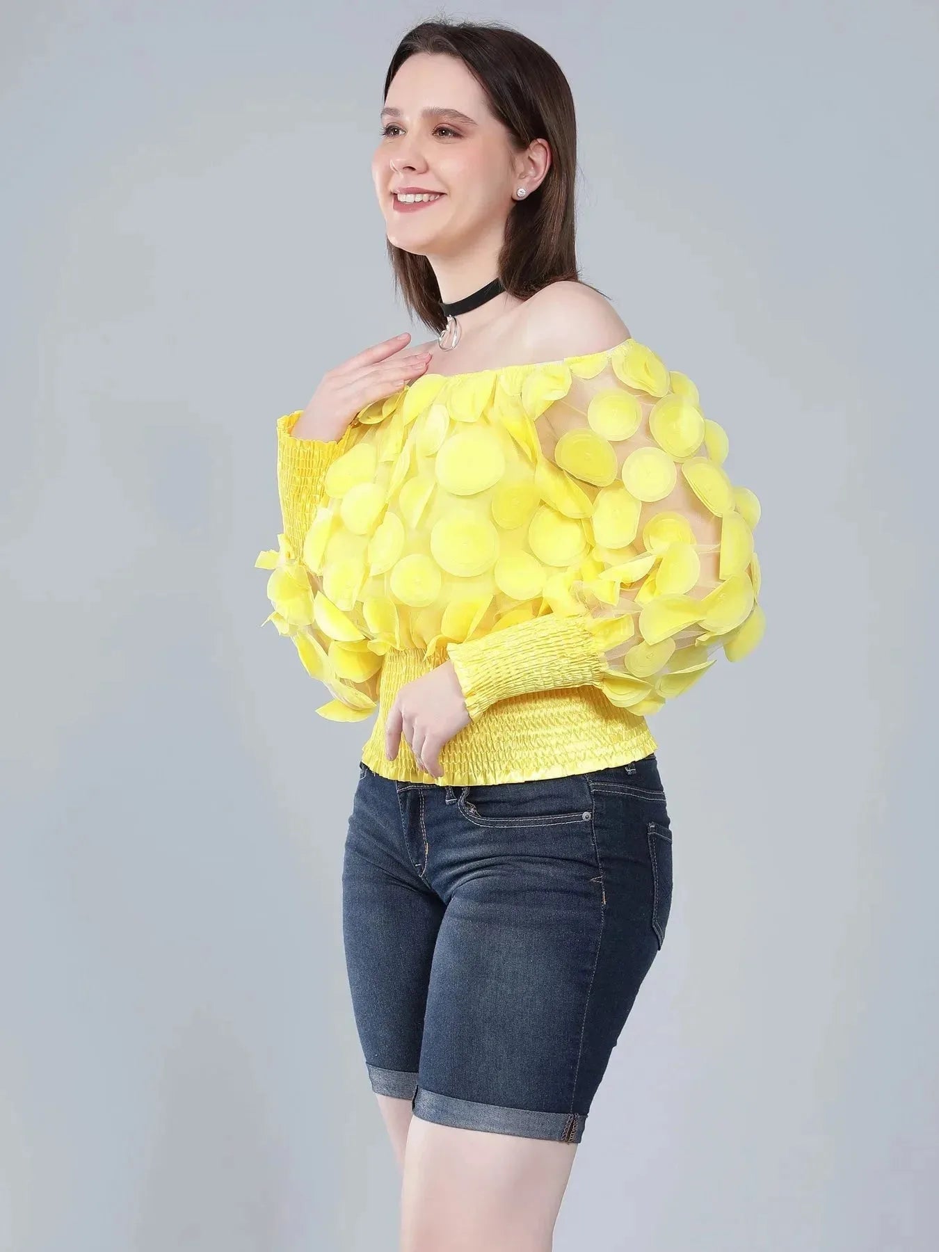 Lantern Sleeve Mesh Ruched Blouse