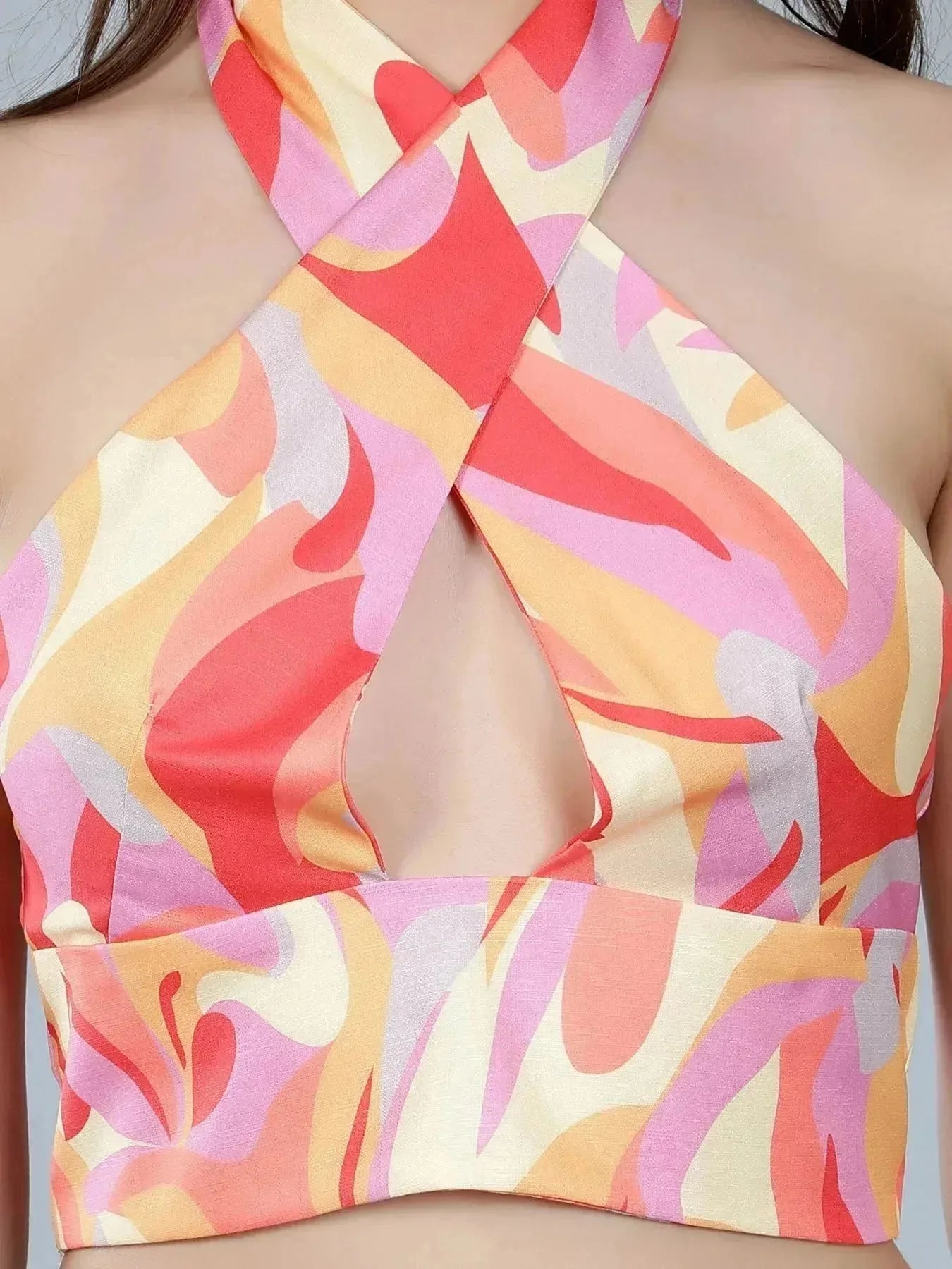 Abstract Print Cross Halter Top