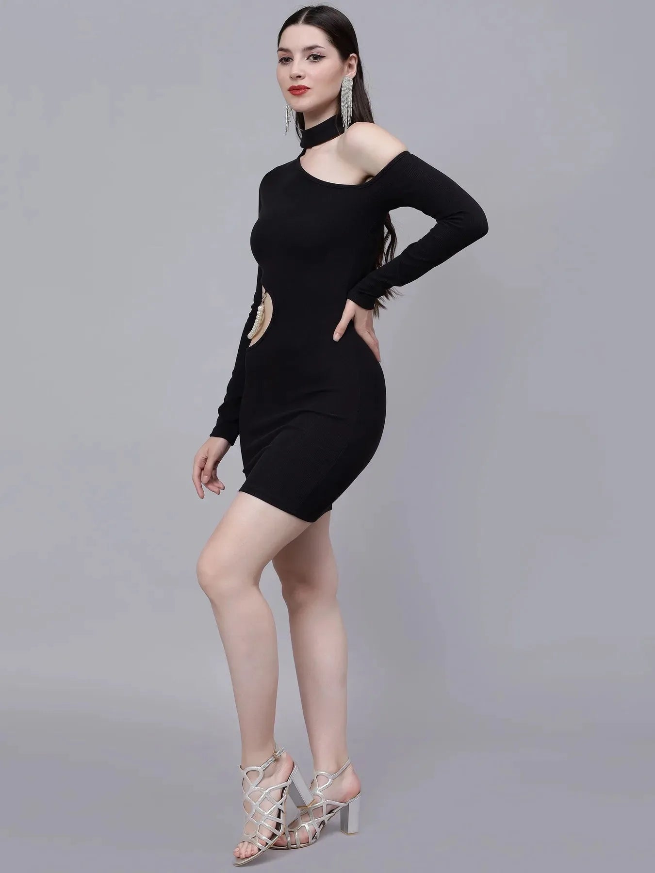Pearl Detail Asymmetric Neck Cutout Dress