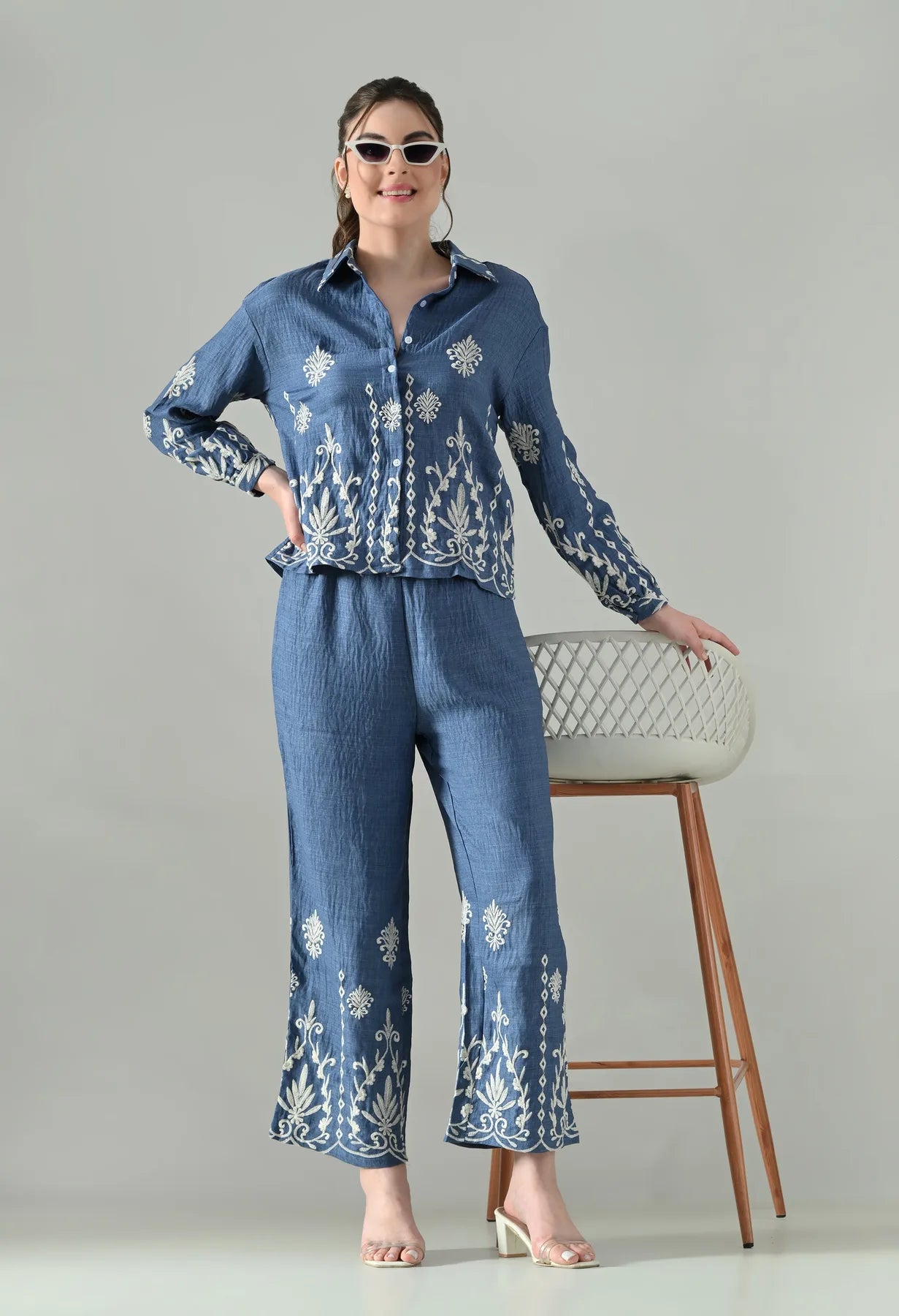 Embroidered Denim Ease Co-ord Set