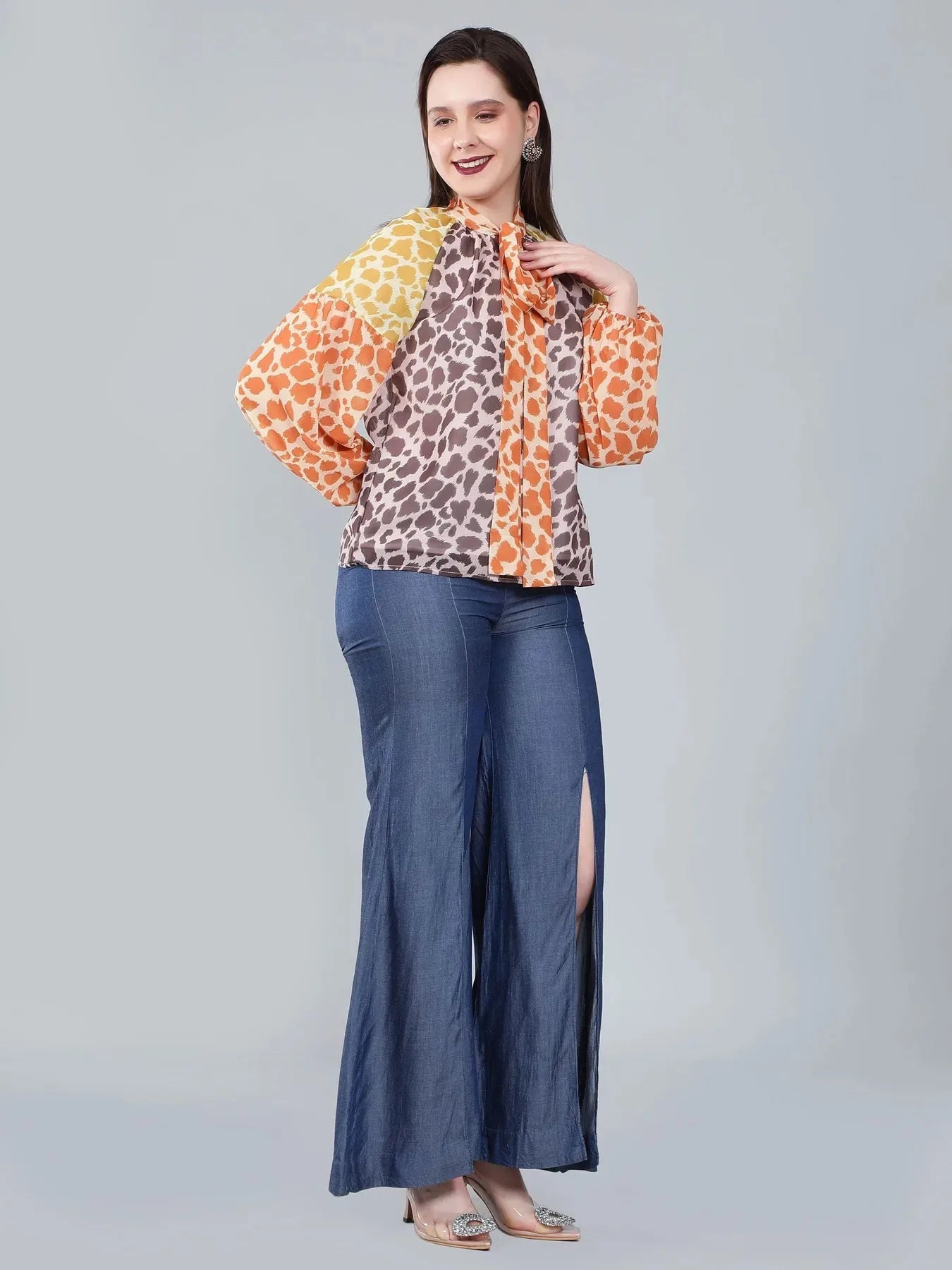 Leopard Print Colorblock Tie Neck Blouse