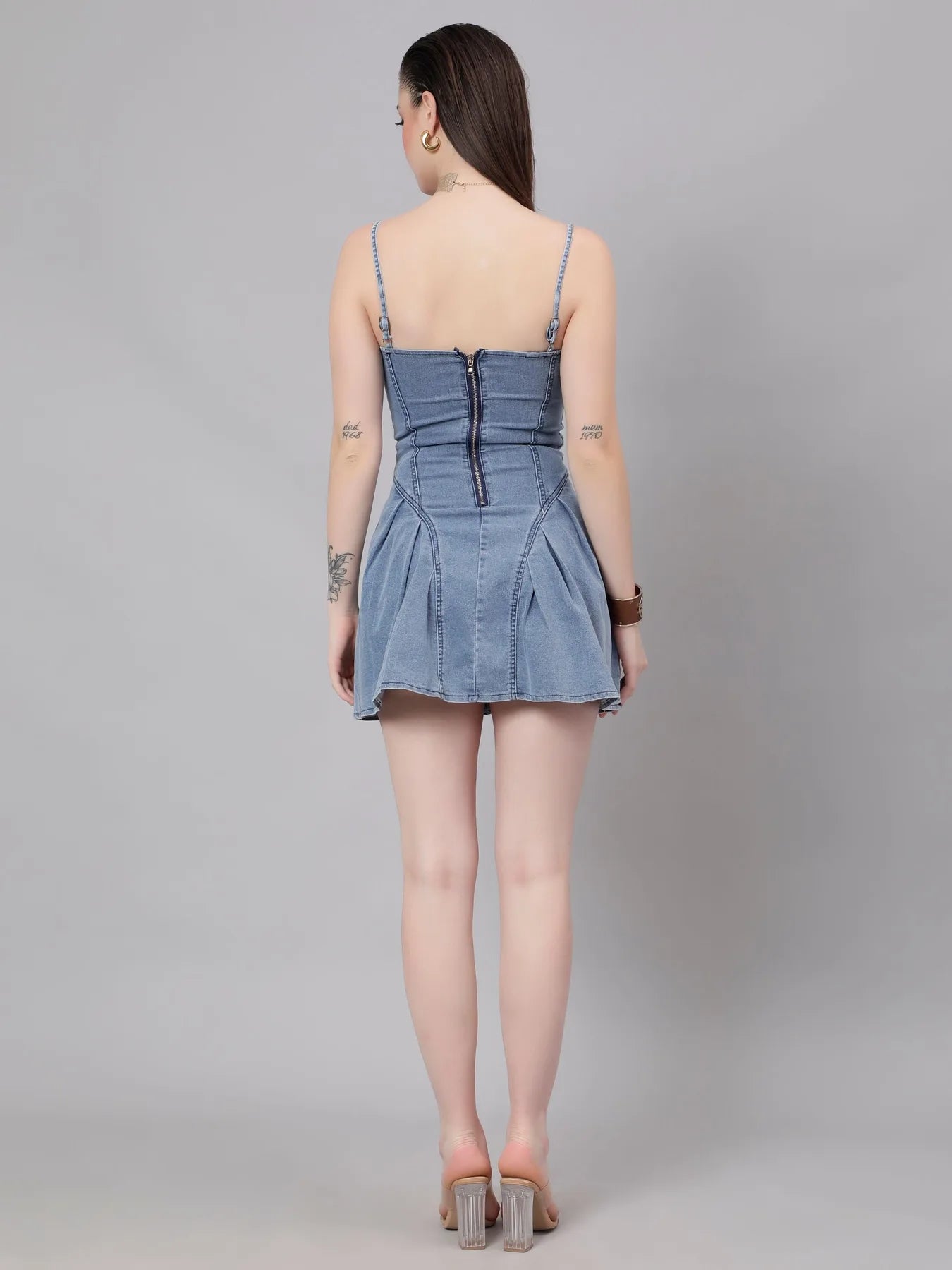 Lace Up Pleated Denim Dress