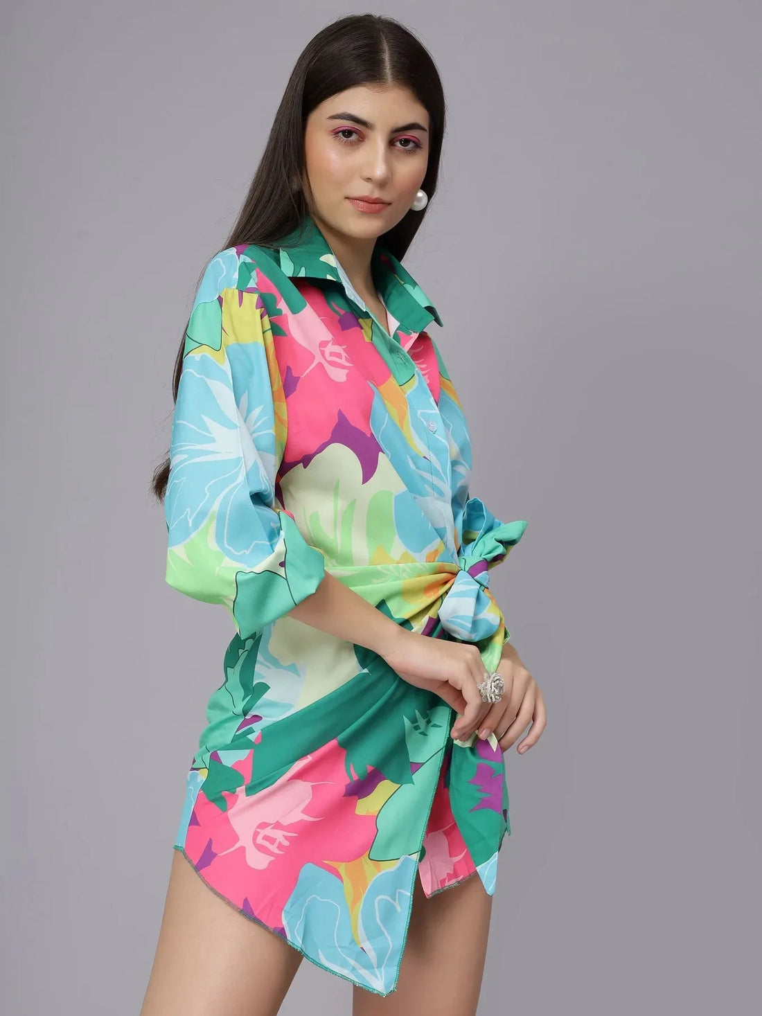 Floral Wrap Shirt Mini Dress