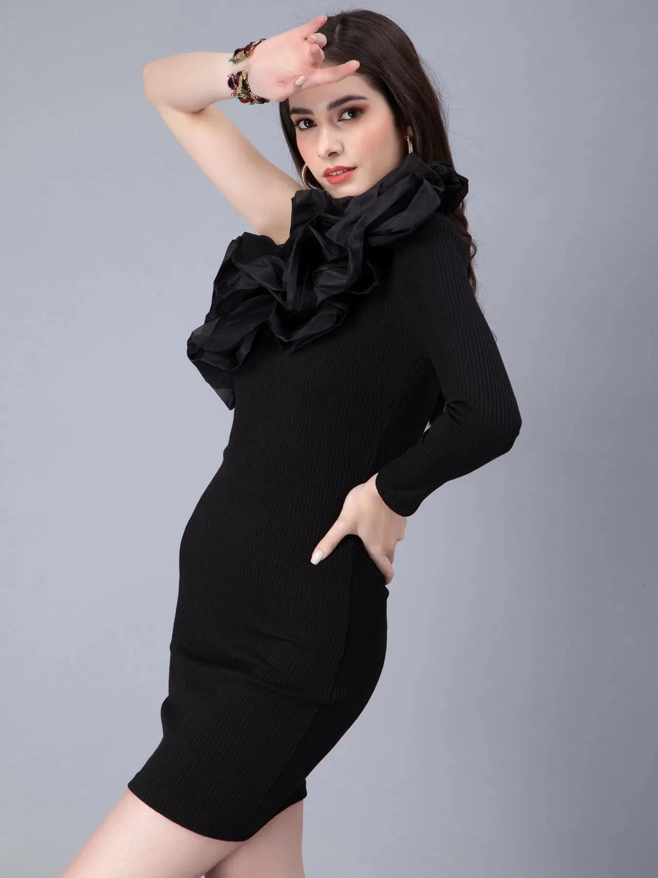 One Shoulder Ruffle Rib Knit Dress