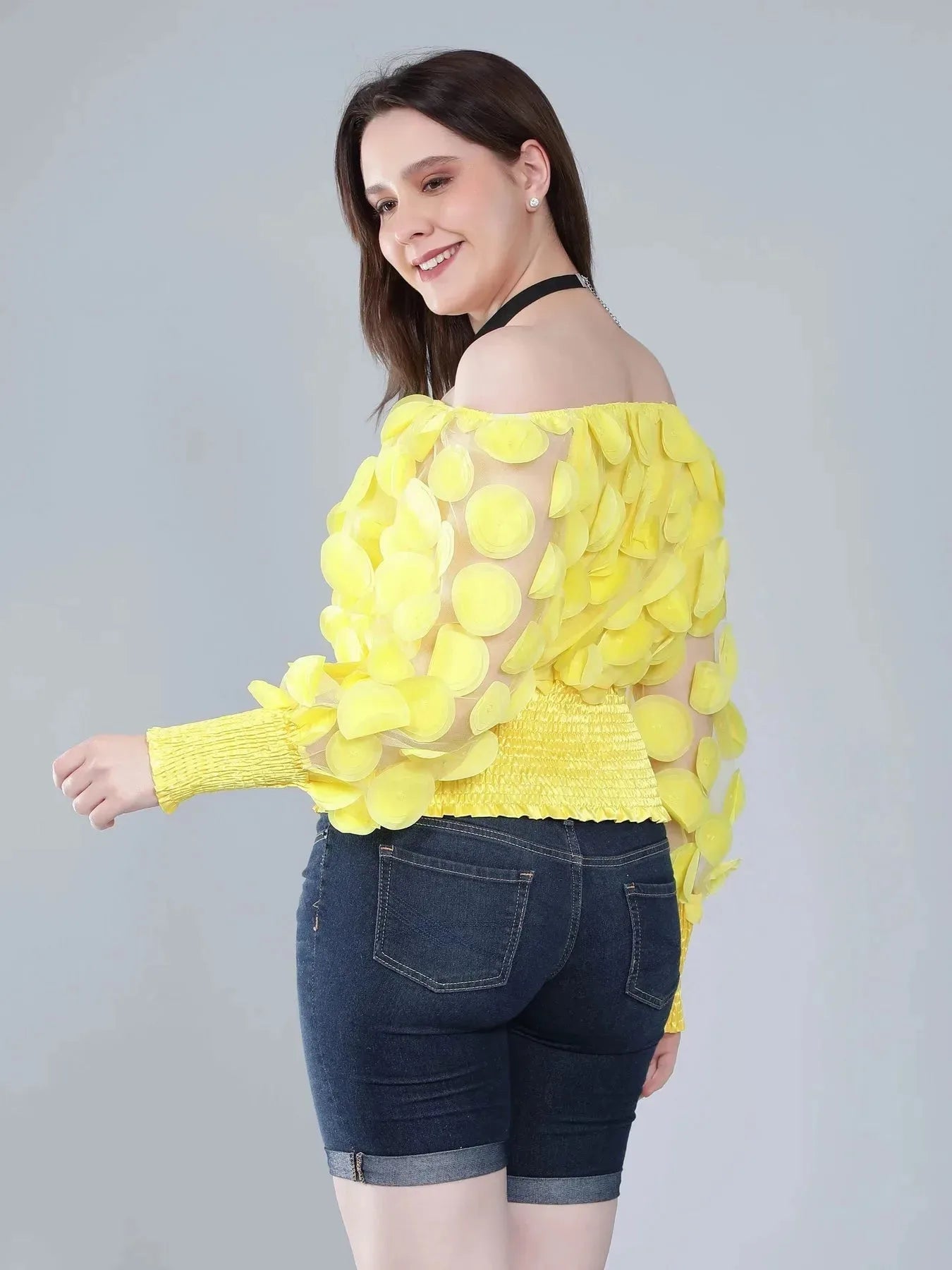 Lantern Sleeve Mesh Ruched Blouse