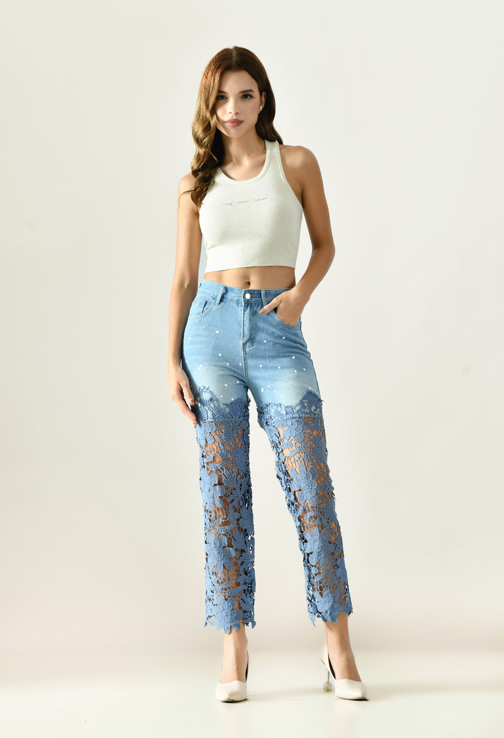 Artistic Lace Denim Jeans