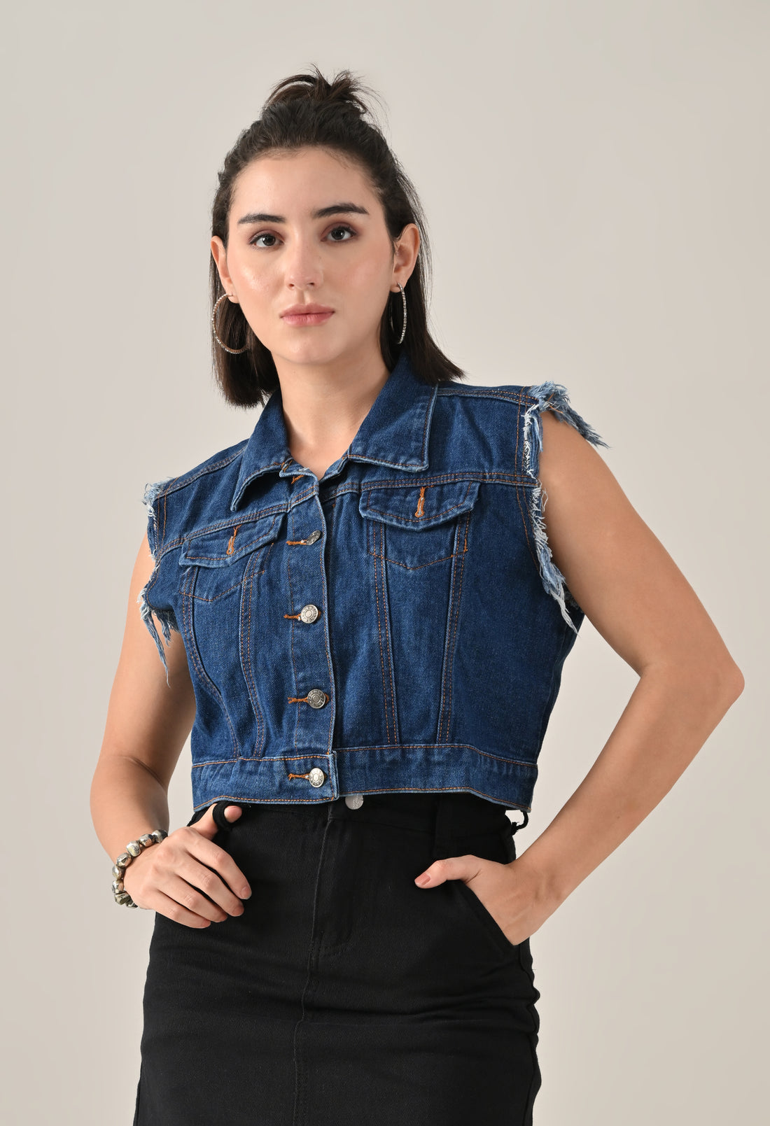 Fray Denim Vest Jacket