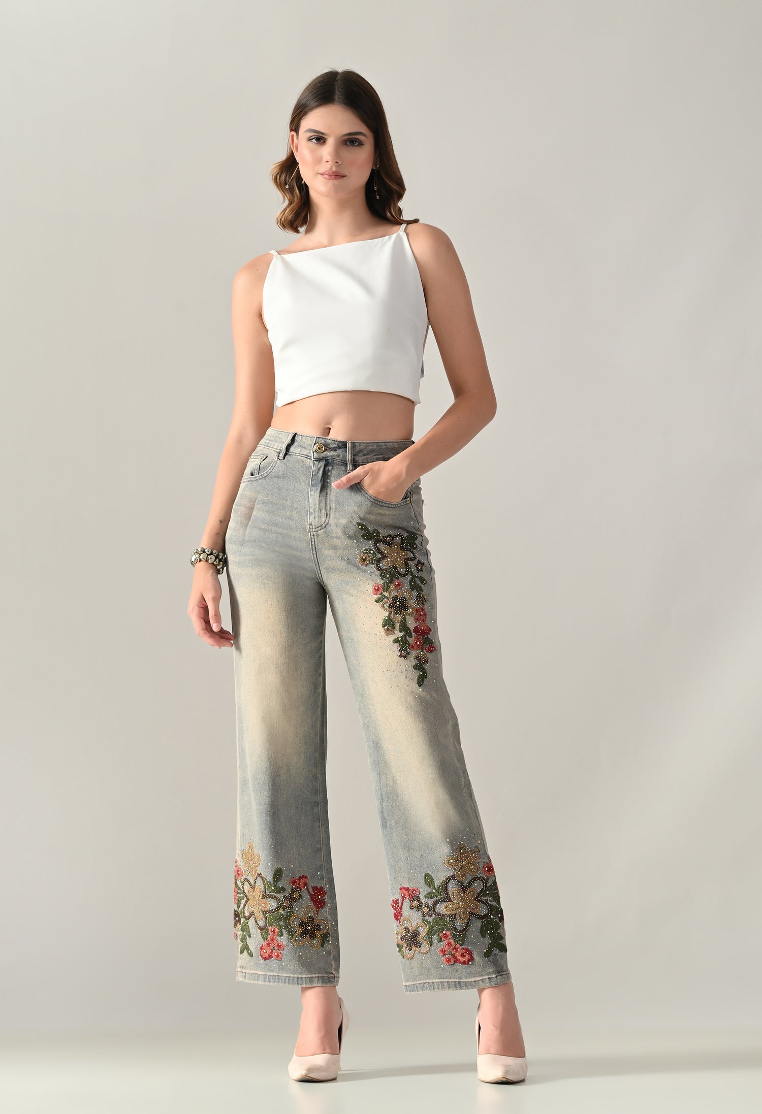 Rhinestone Embroidered Jeans