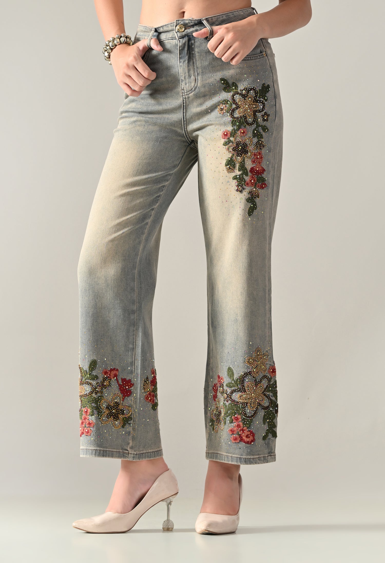 Rhinestone Embroidered Jeans