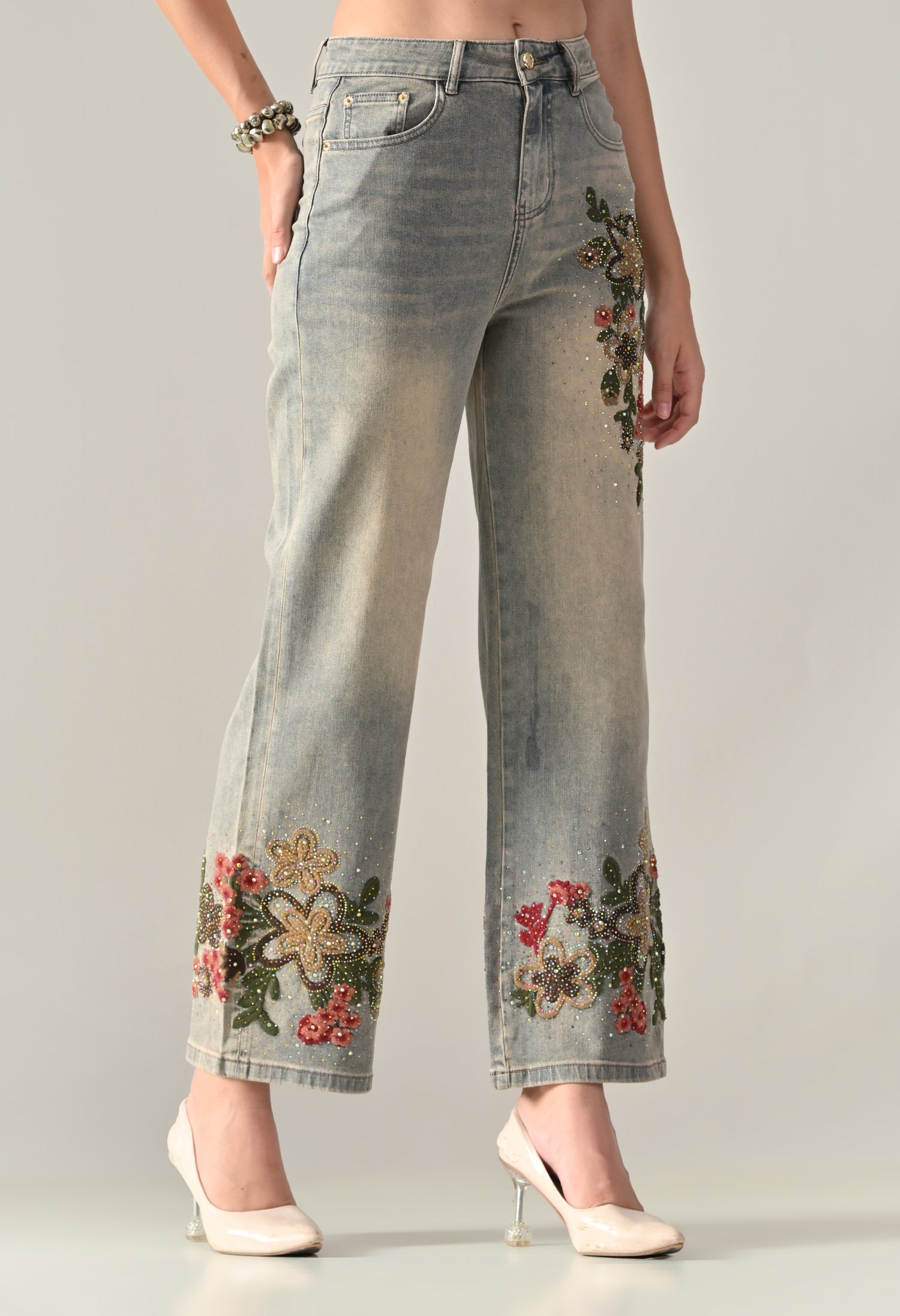 Rhinestone Embroidered Jeans