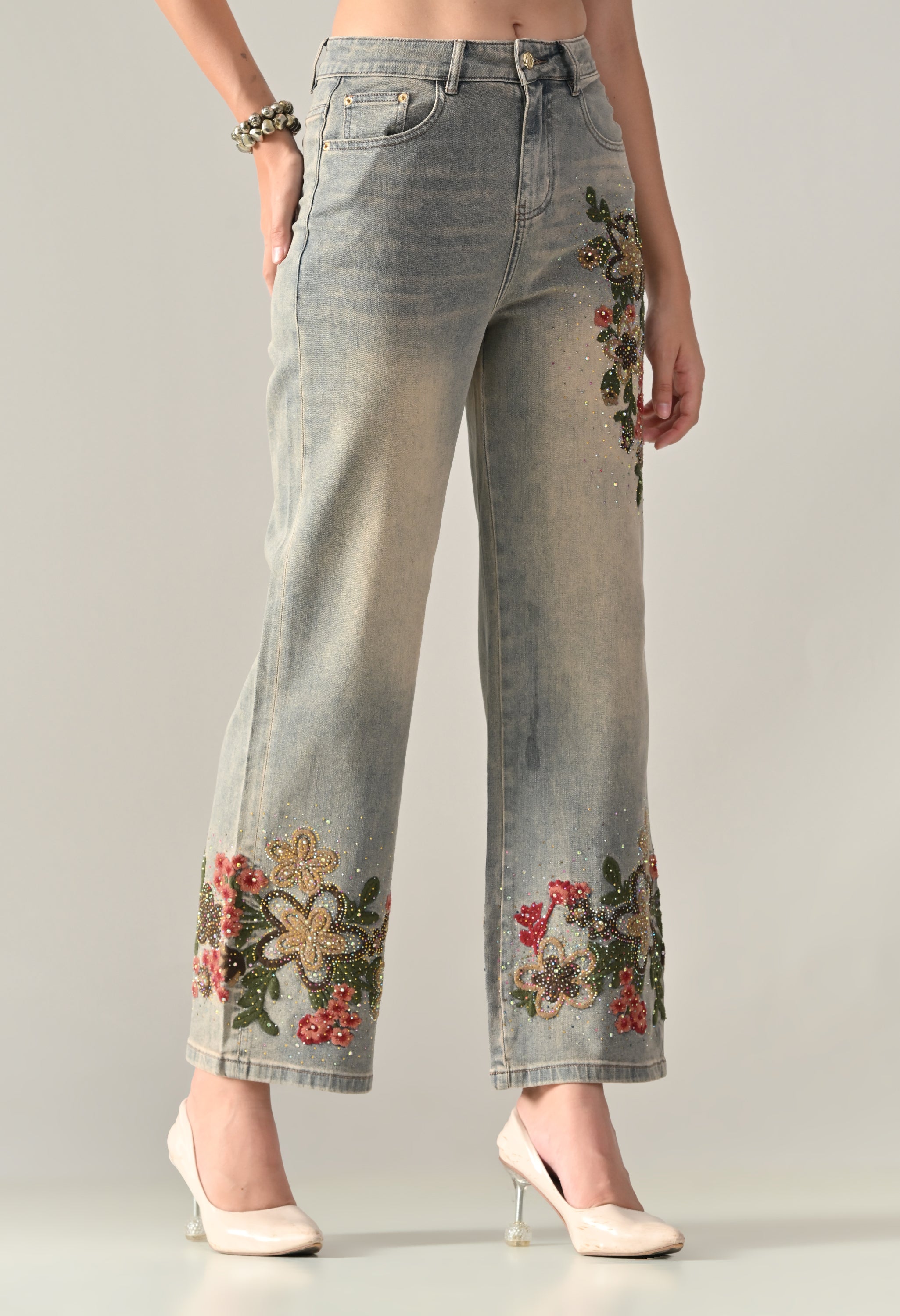 Rhinestone Embroidered Jeans