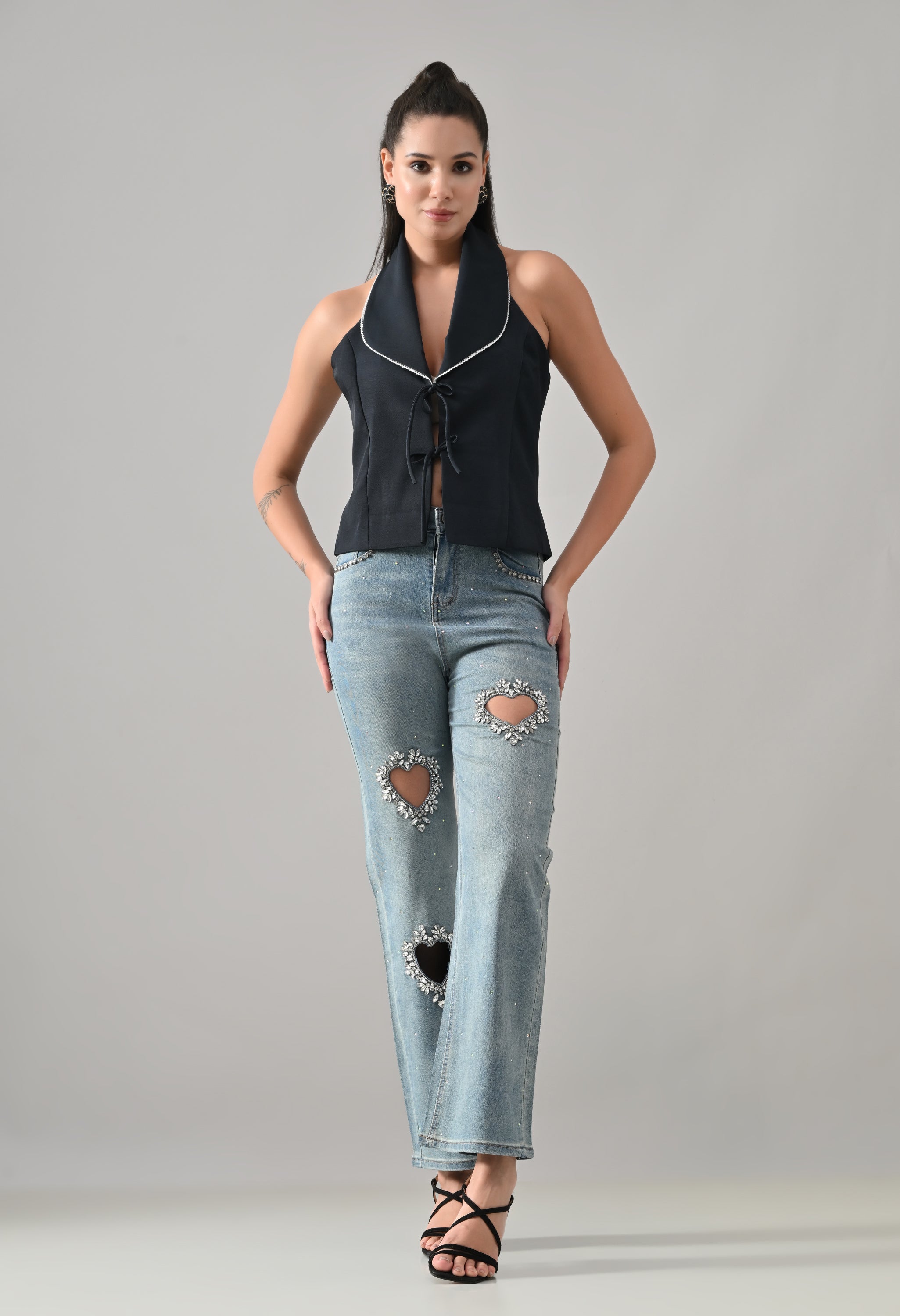 Crystal Heart Cut-Out Denim