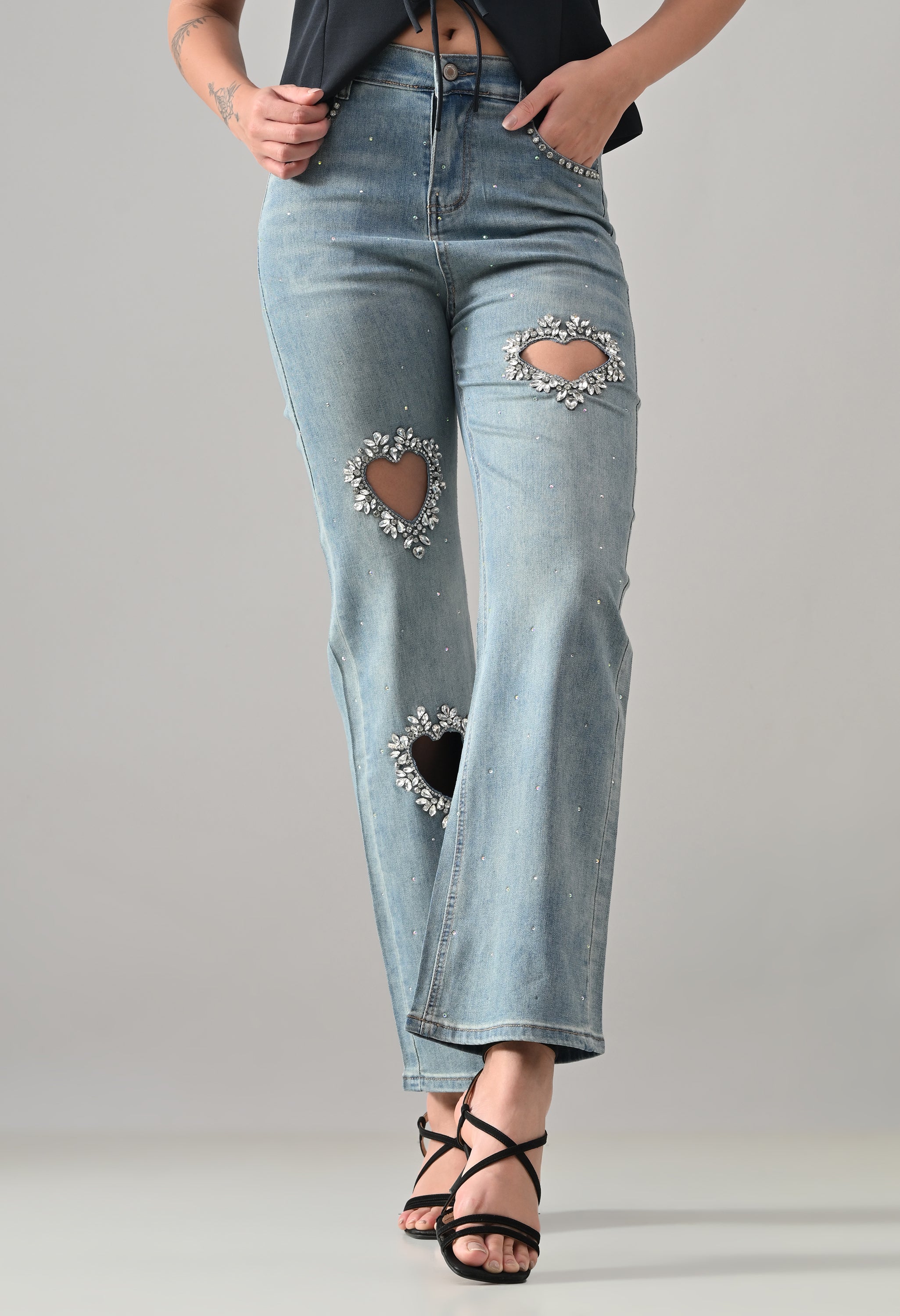 Crystal Heart Cut-Out Denim