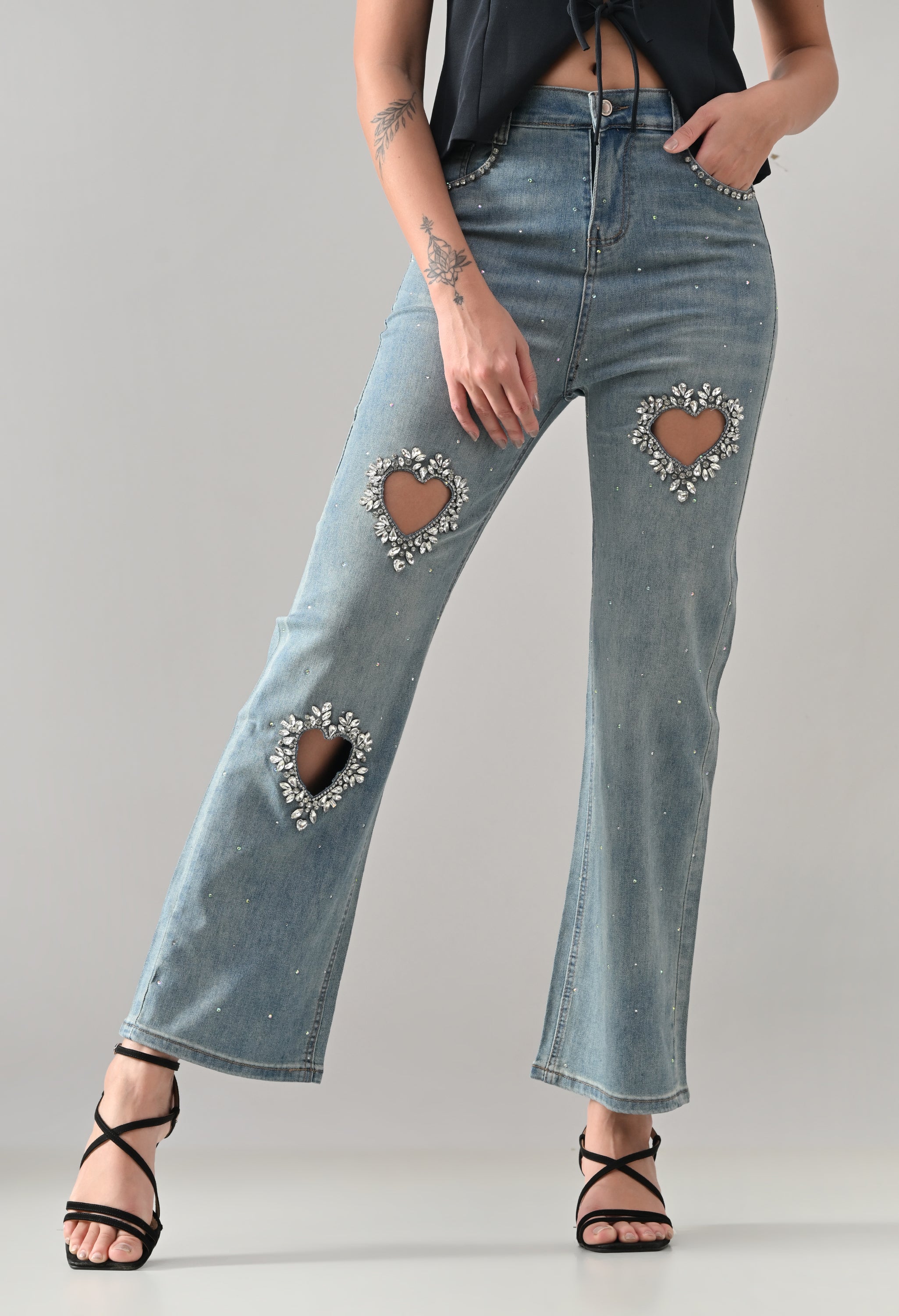 Crystal Heart Cut-Out Denim