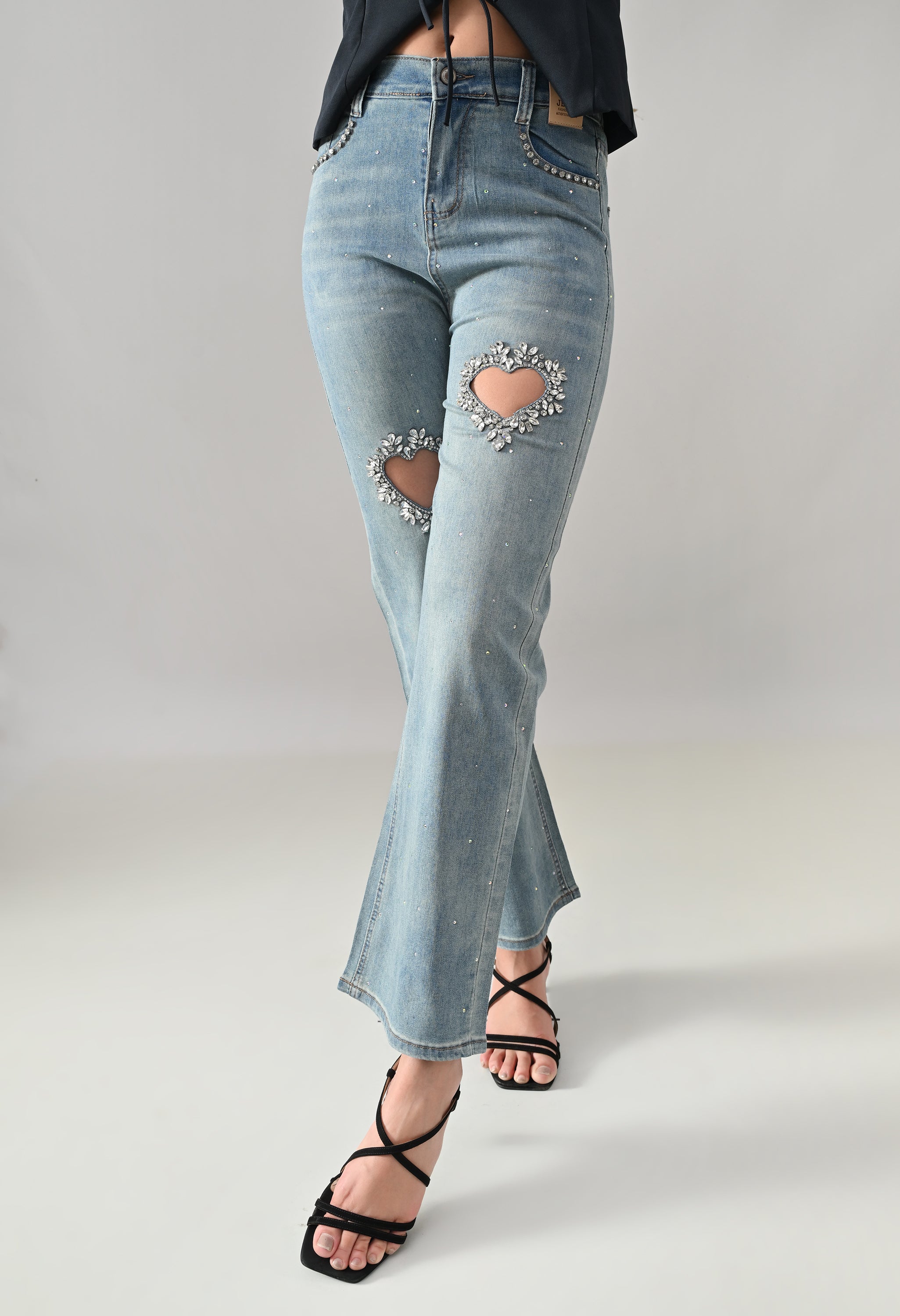 Crystal Heart Cut-Out Denim