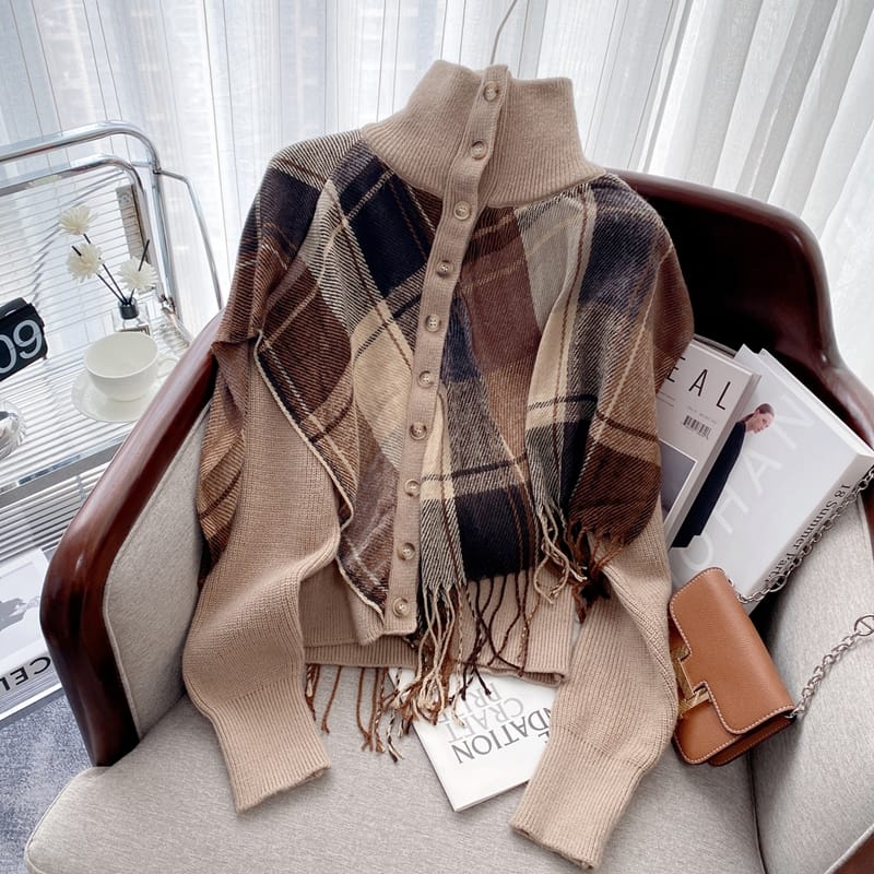 Plaid Cape Knitted Cardigan
