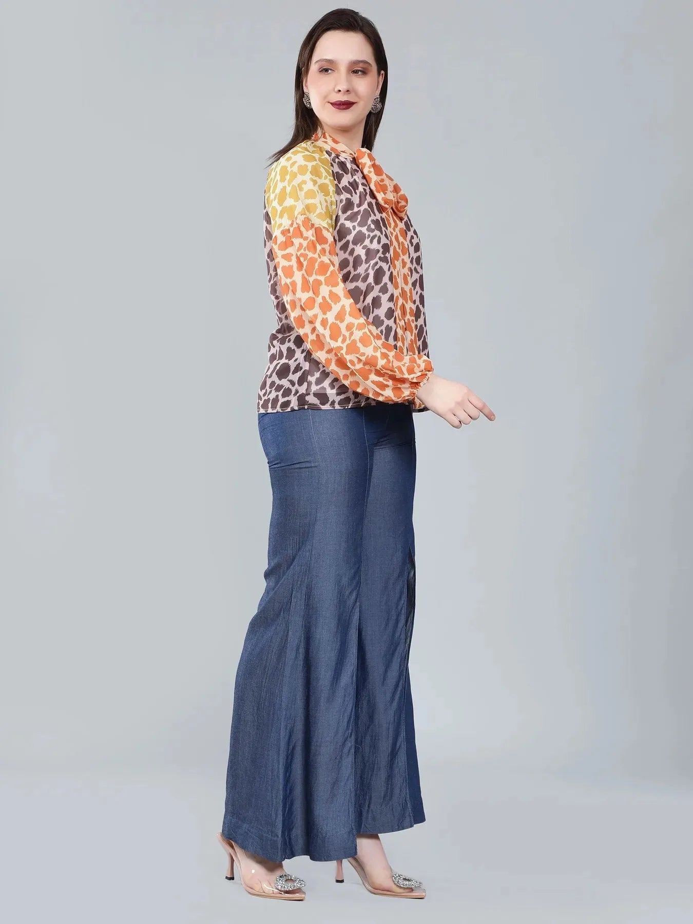 Leopard Print Colorblock Tie Neck Blouse