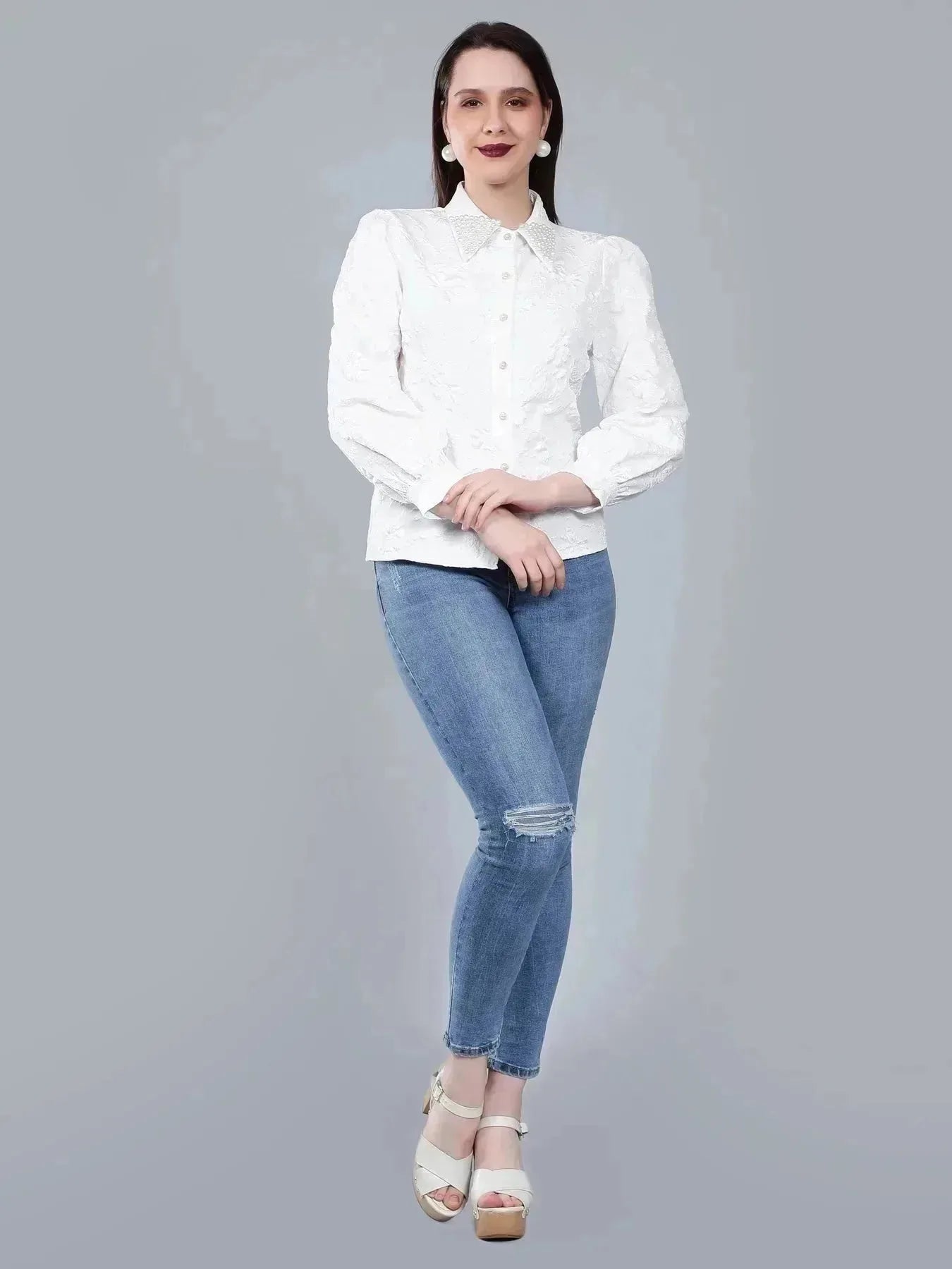 Pearl Beading Jacquard Shirt