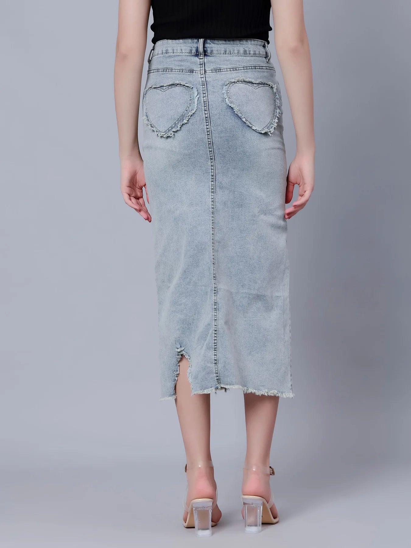 High-Rise Slit Frayed Denim Skirt