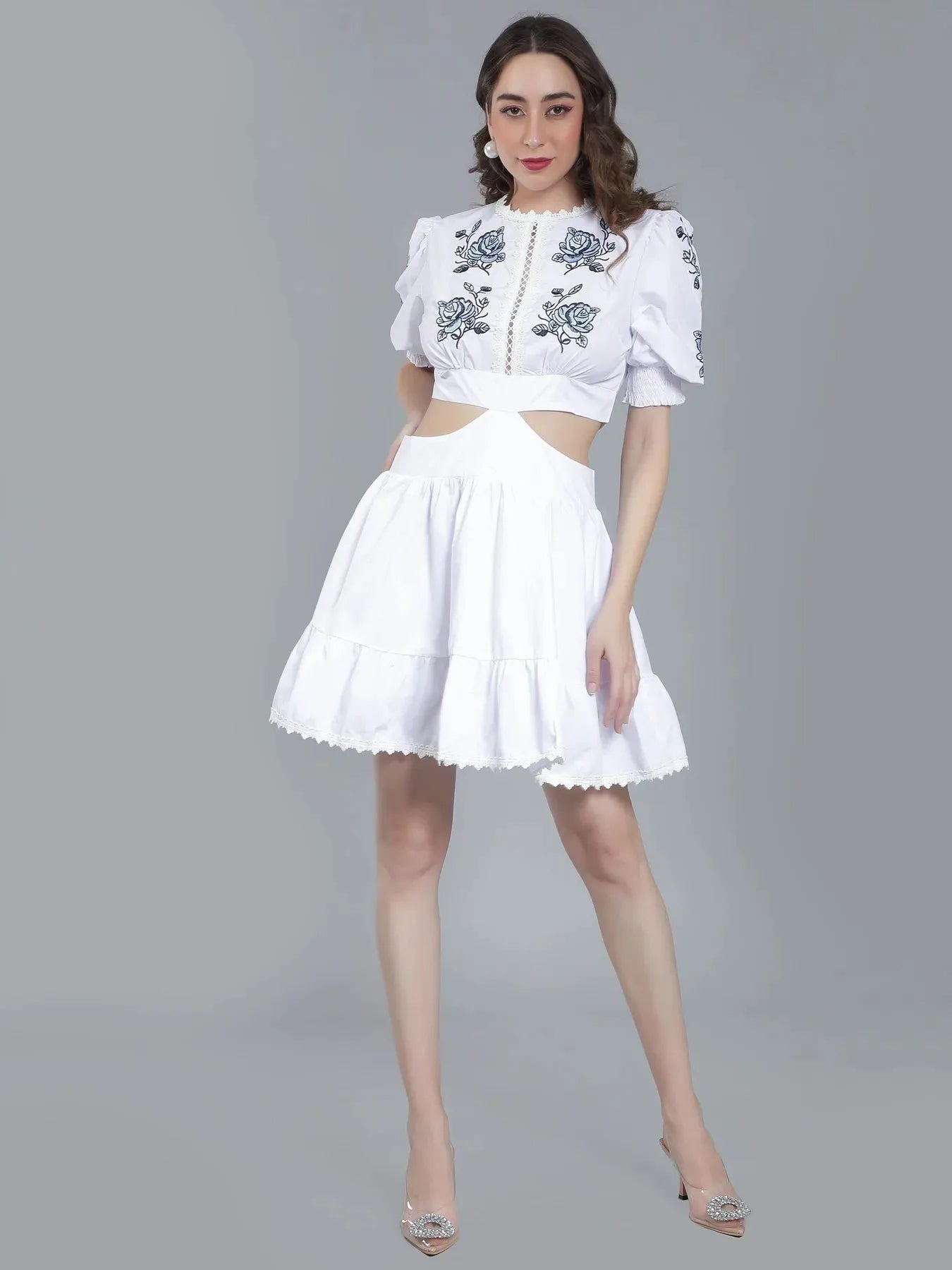 Flower Embroidery Waist Cut Out Dress