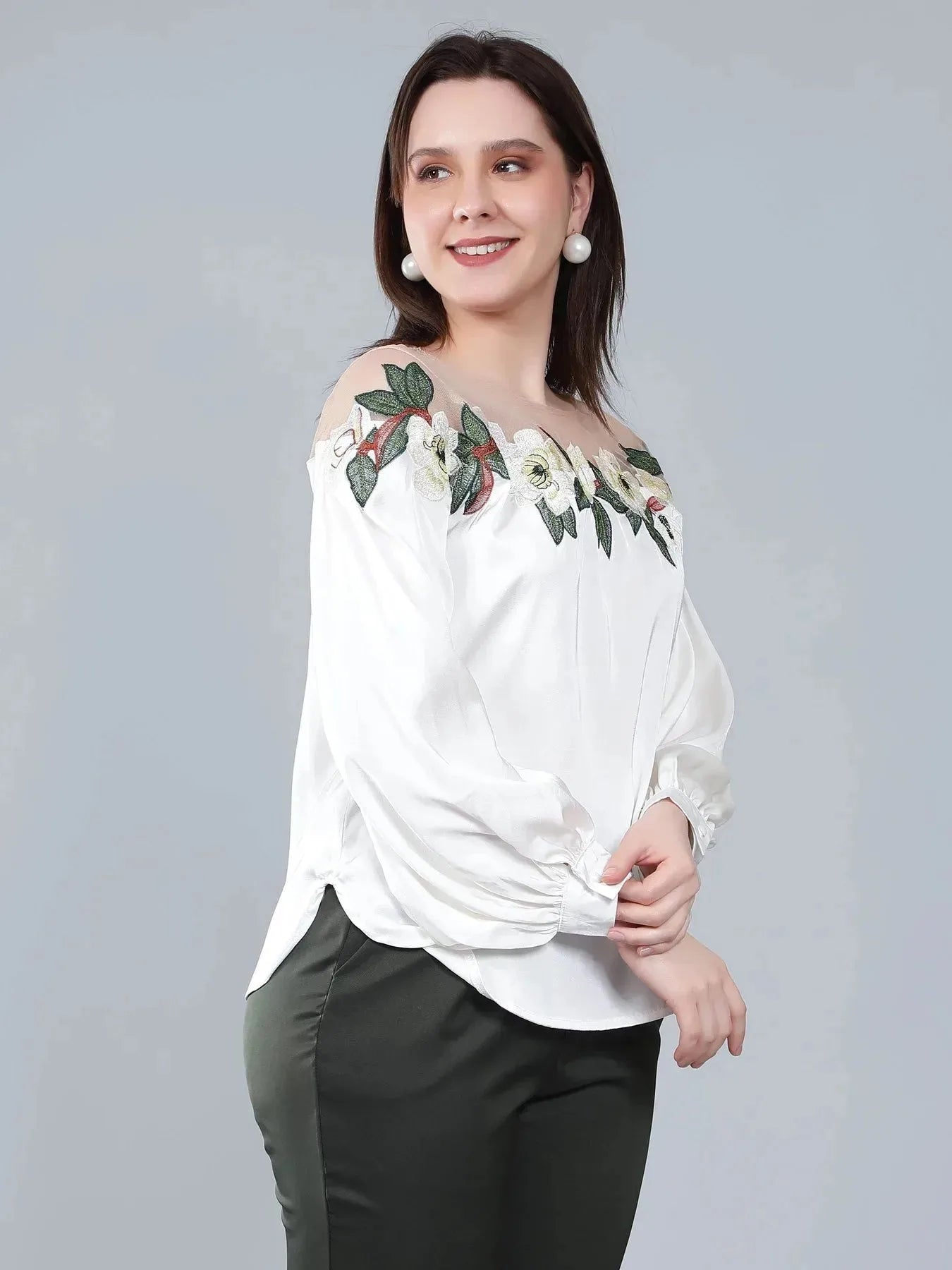 Flower Embroidery Satin Blouse