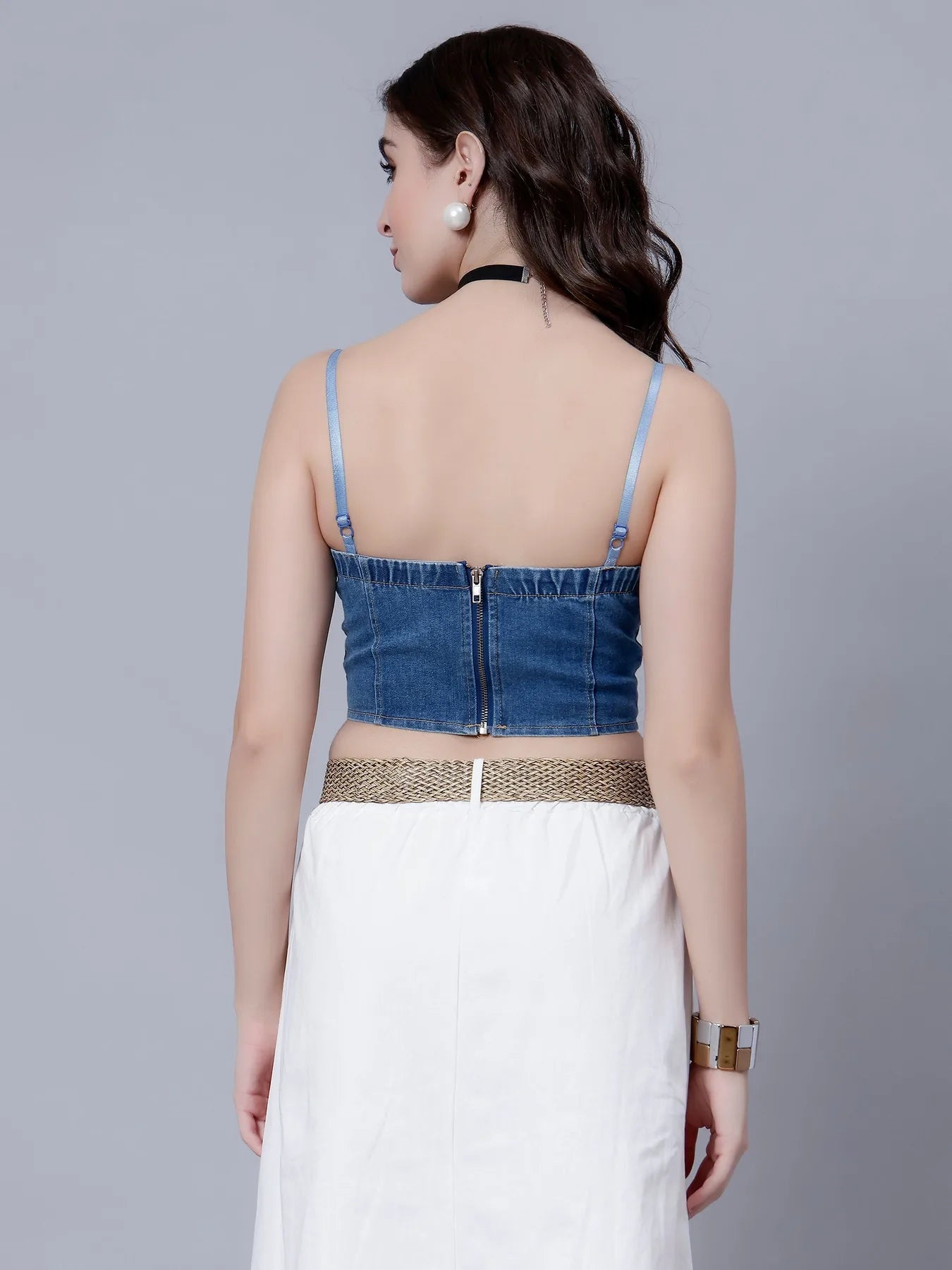 Lace-Up Denim Crop Top