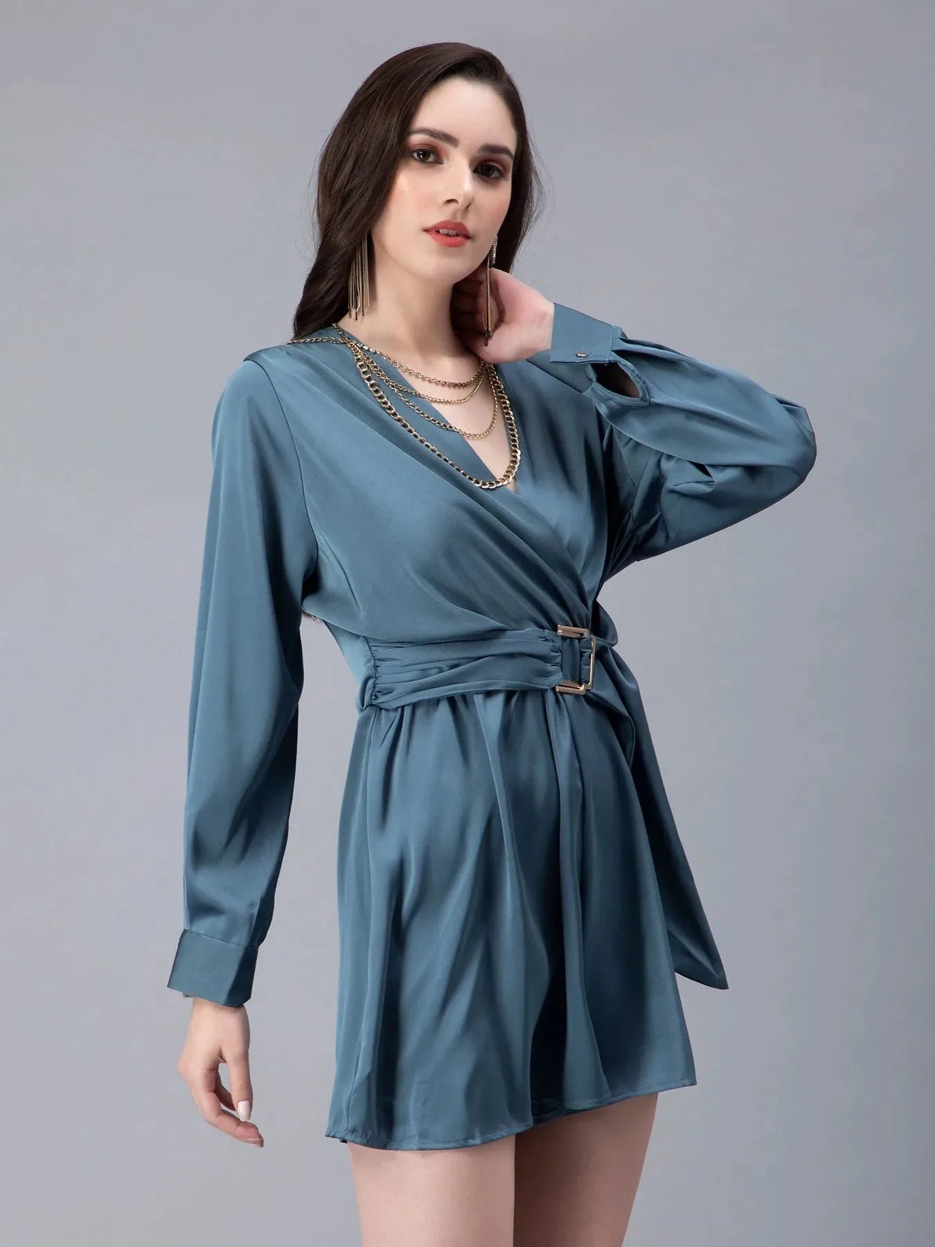 Front Overlap Flair Satin Playsuit