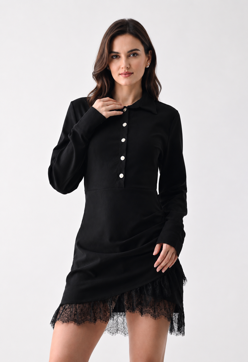 panelled ruffle mini dress in black Lace Trim Panelled Mini Dress – ANNY