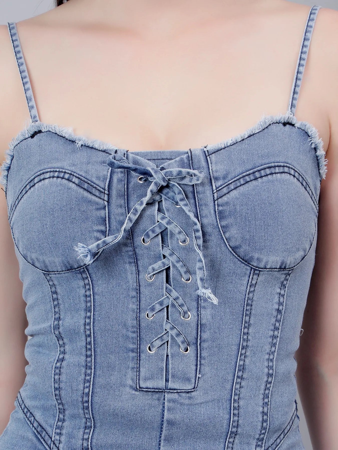 Lace Up Pleated Denim Dress